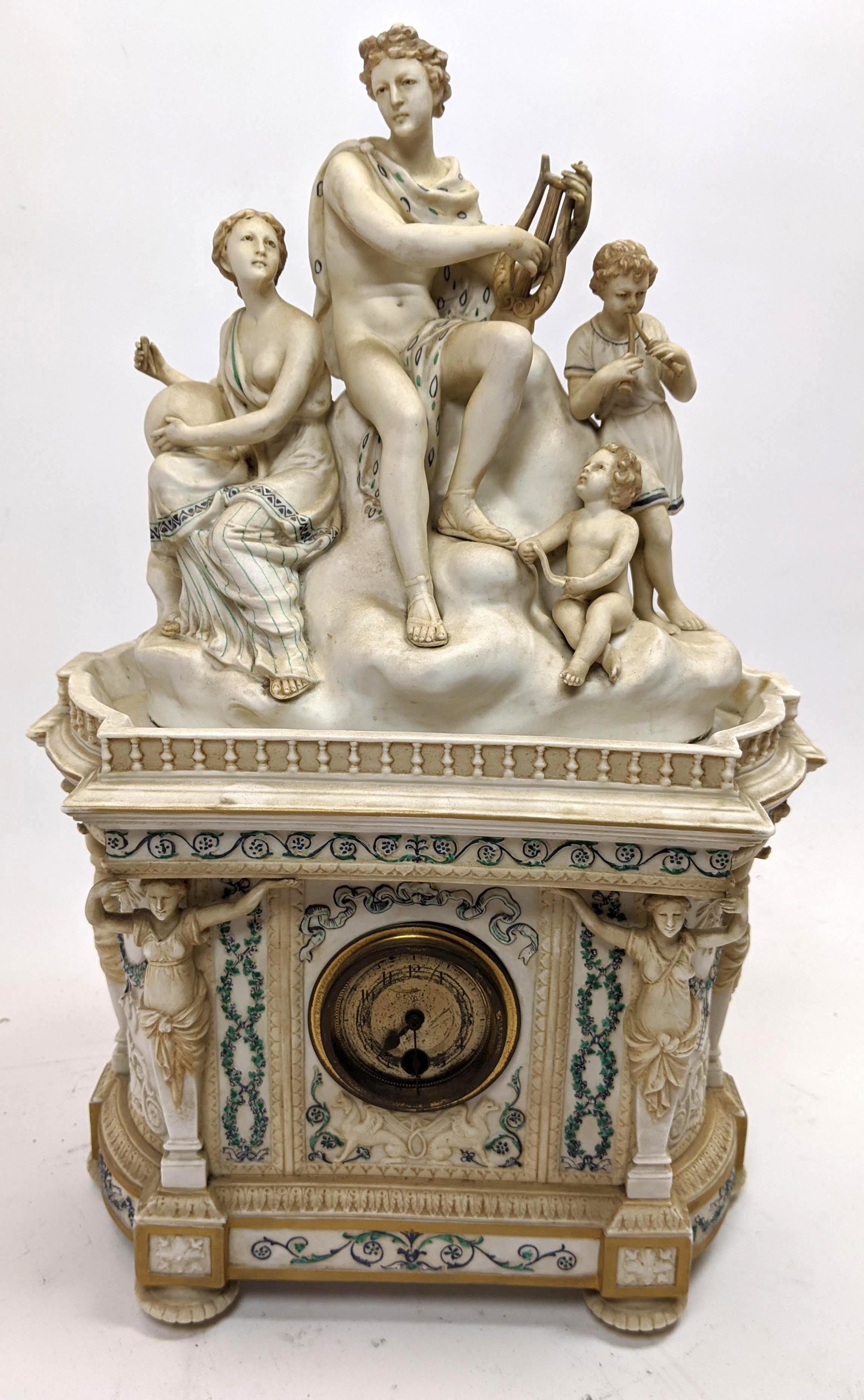 JUNGHANS Parian Bisque Figural Mantle Clock. Hand Paint (1 of 12)