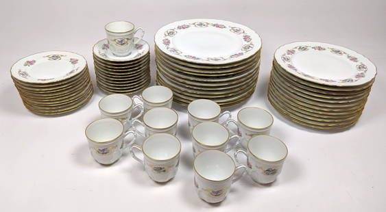 59 pc ANCIENNE ROYALE LIMOGES China Dish Set. Service f: 59 pc ANCIENNE ROYALE LIMOGES China Dish Set. Service for 12 with only 11 cups. Limoges, France. "Decor Oiseaux Roses" pattern with hand painted bird medallions. Artist signed. -- Dimensions: : W: 10.