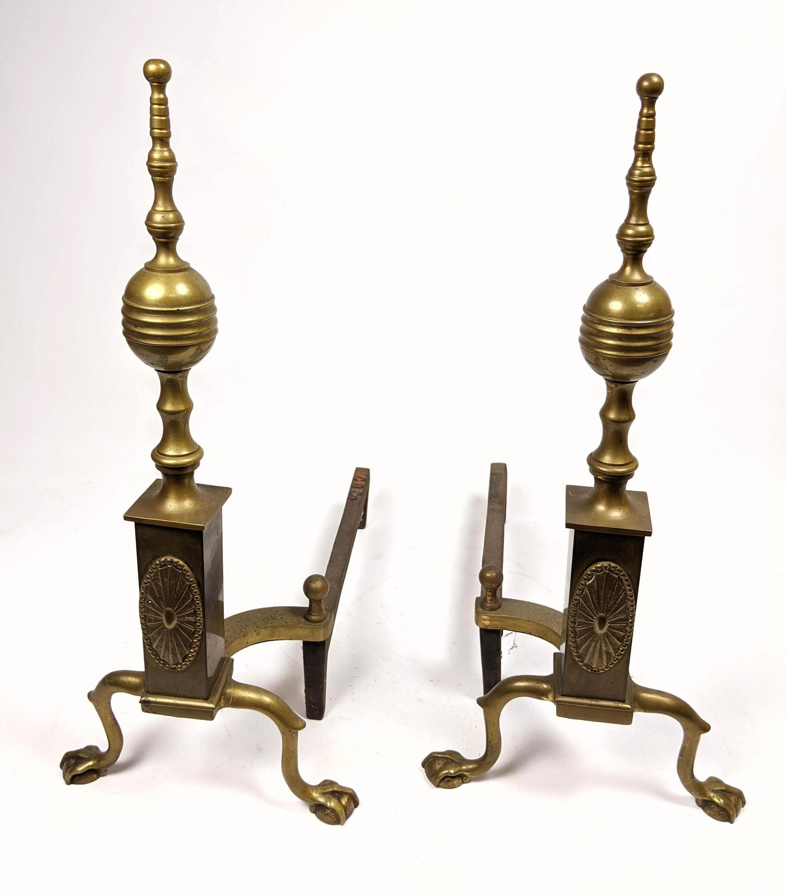 Pr Antique Brass Andirons. Spun finial design with ball (1 of 11)