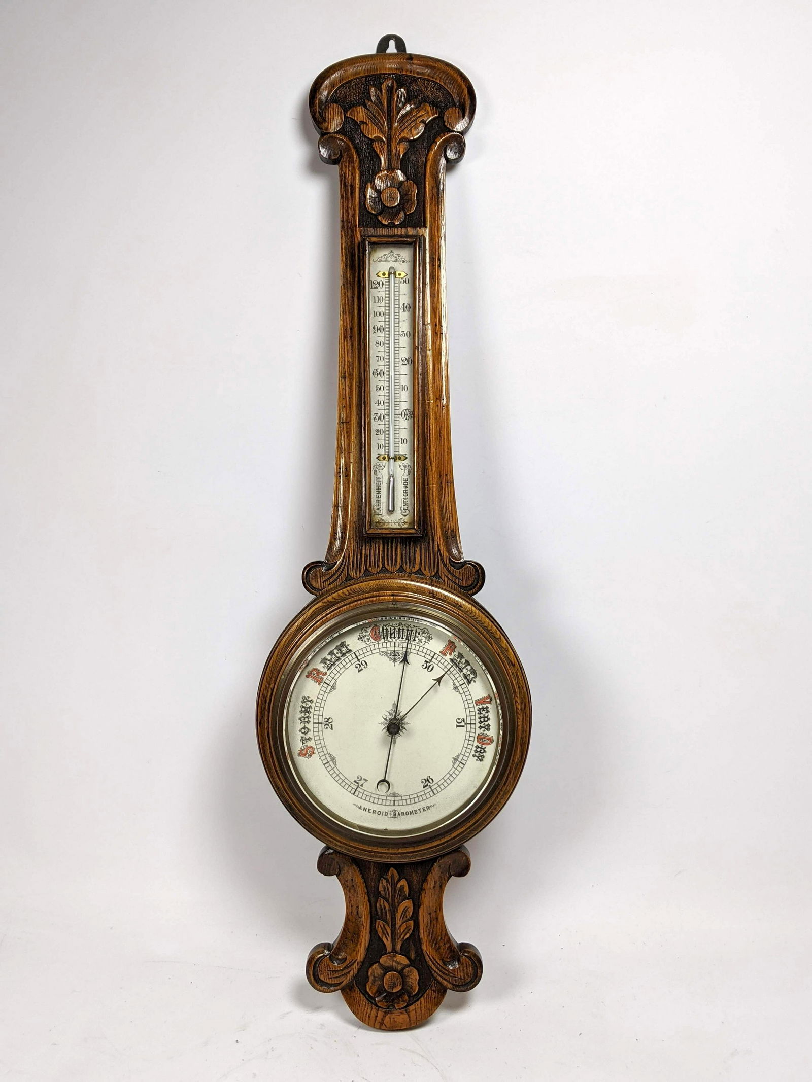ANEROID Antique Oak Wall Barometer. Porcelain face. (1 of 13)
