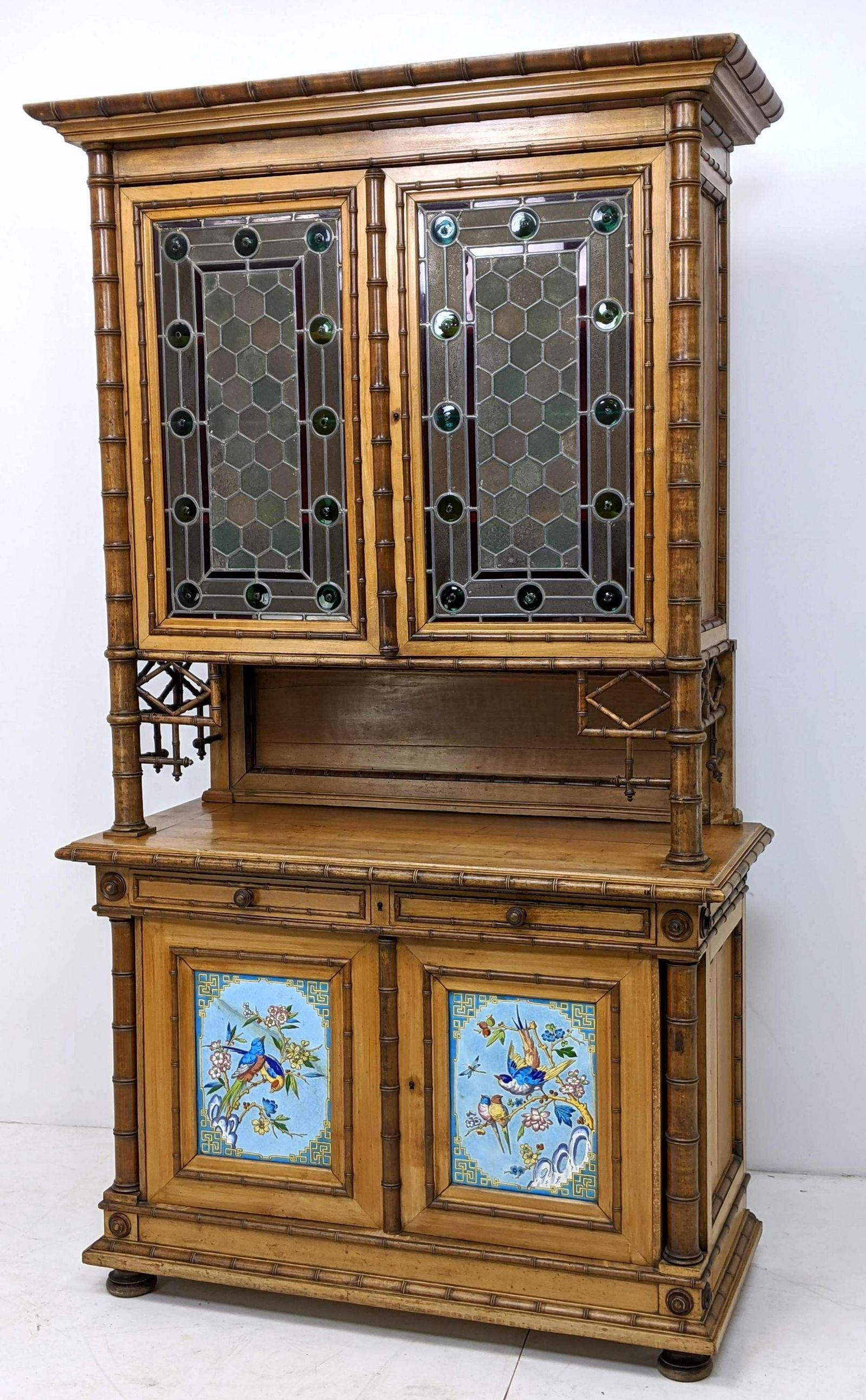 Large 2pc Victorian Bamboo Hutch cabinet with Painted P (1 of 19)
