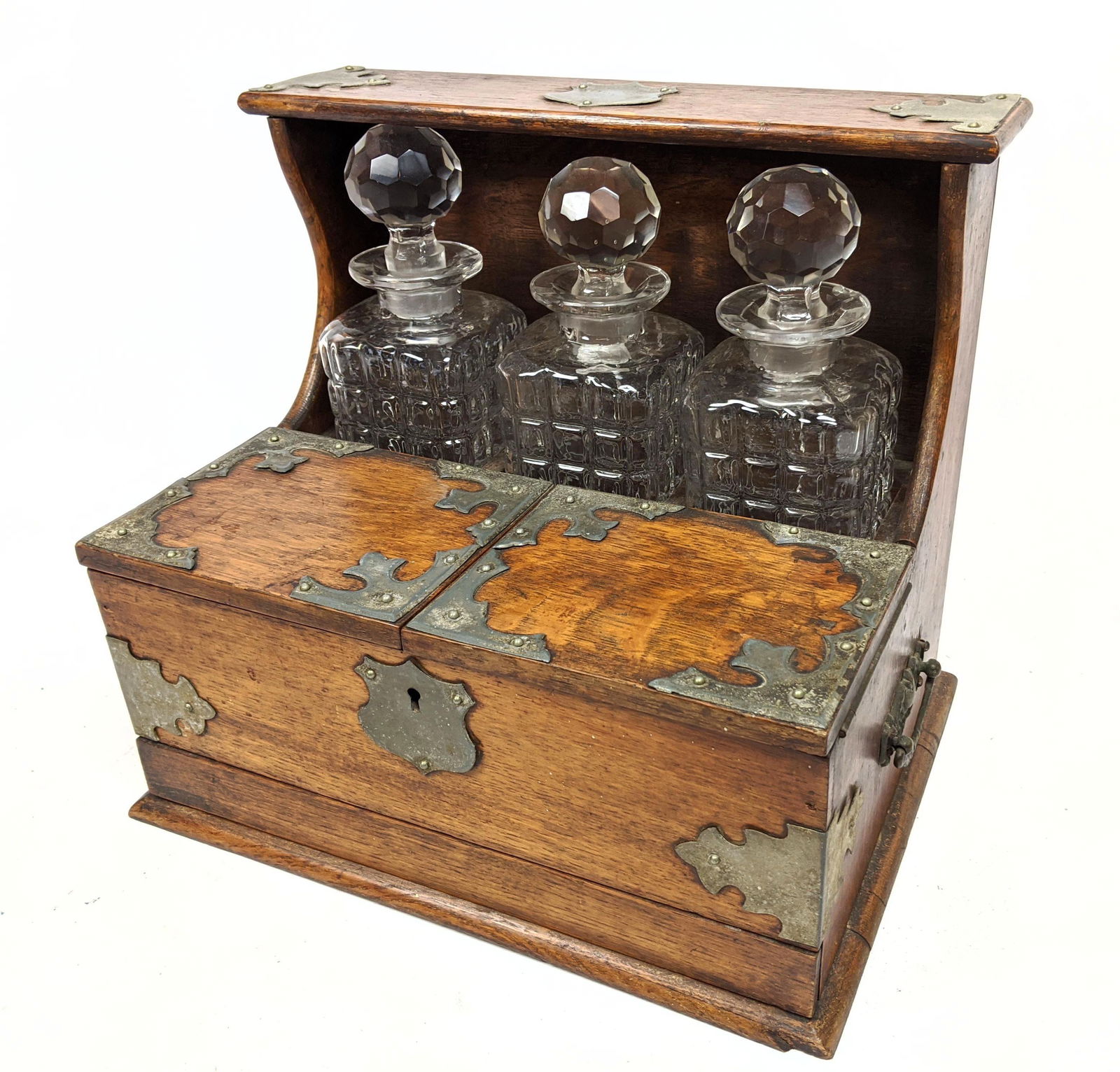 Antique Decanter set. Wood flip top box with metal escu (1 of 16)