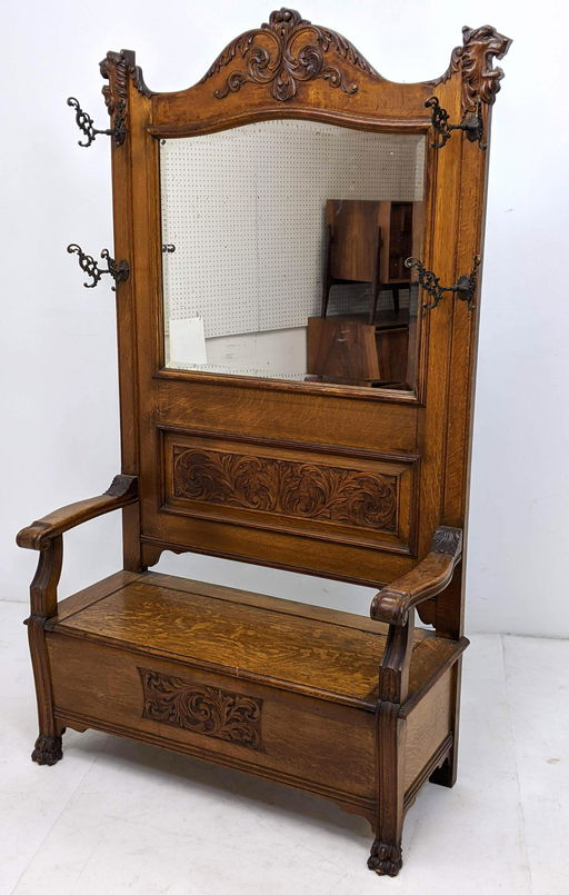 Antique Oak Hall Rack Bench Hallway Mirror Coat Rack T Mar 04 2020 Uniques Antiques Inc In Pa Antique Coat Rack With Bench And Mirror