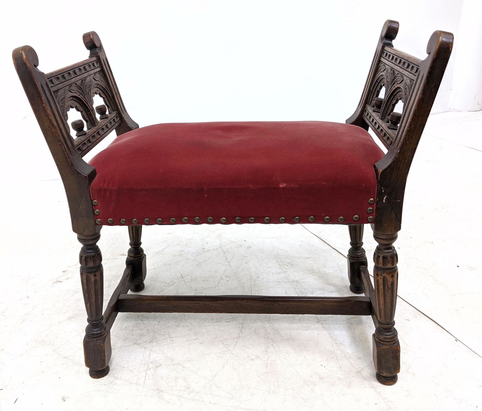 Gothic Style Carved Walnut Bench Ottoman. Rose velvet u (1 of 7)