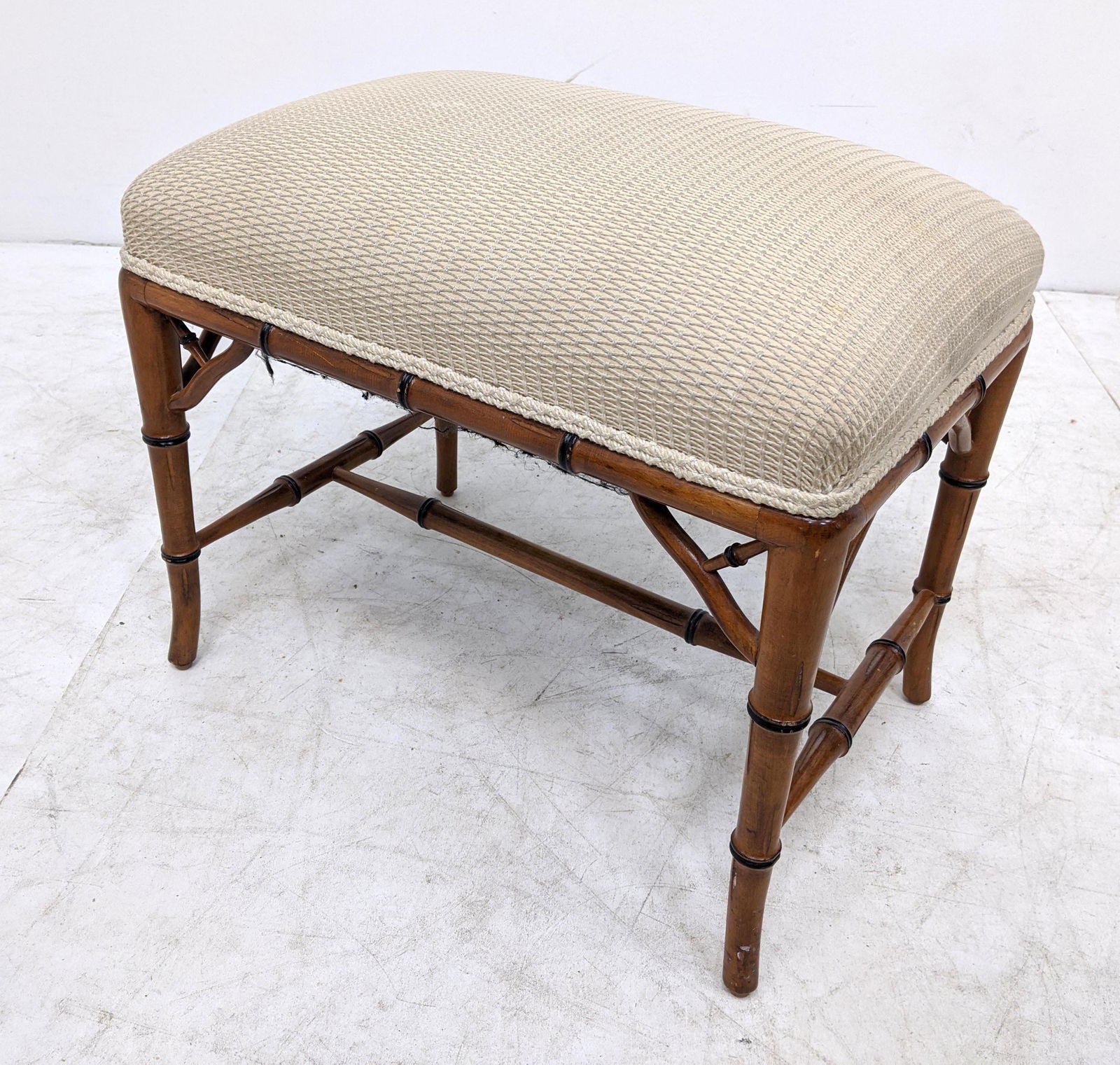 Carved Wood Faux Bamboo Upholstered Bench Ottoman. (1 of 7)
