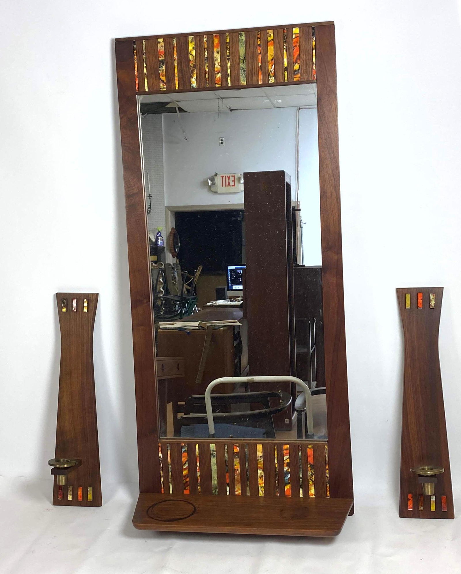 Mid Century Modern Mirror  Shelf and Sconces with Appli (1 of 10)