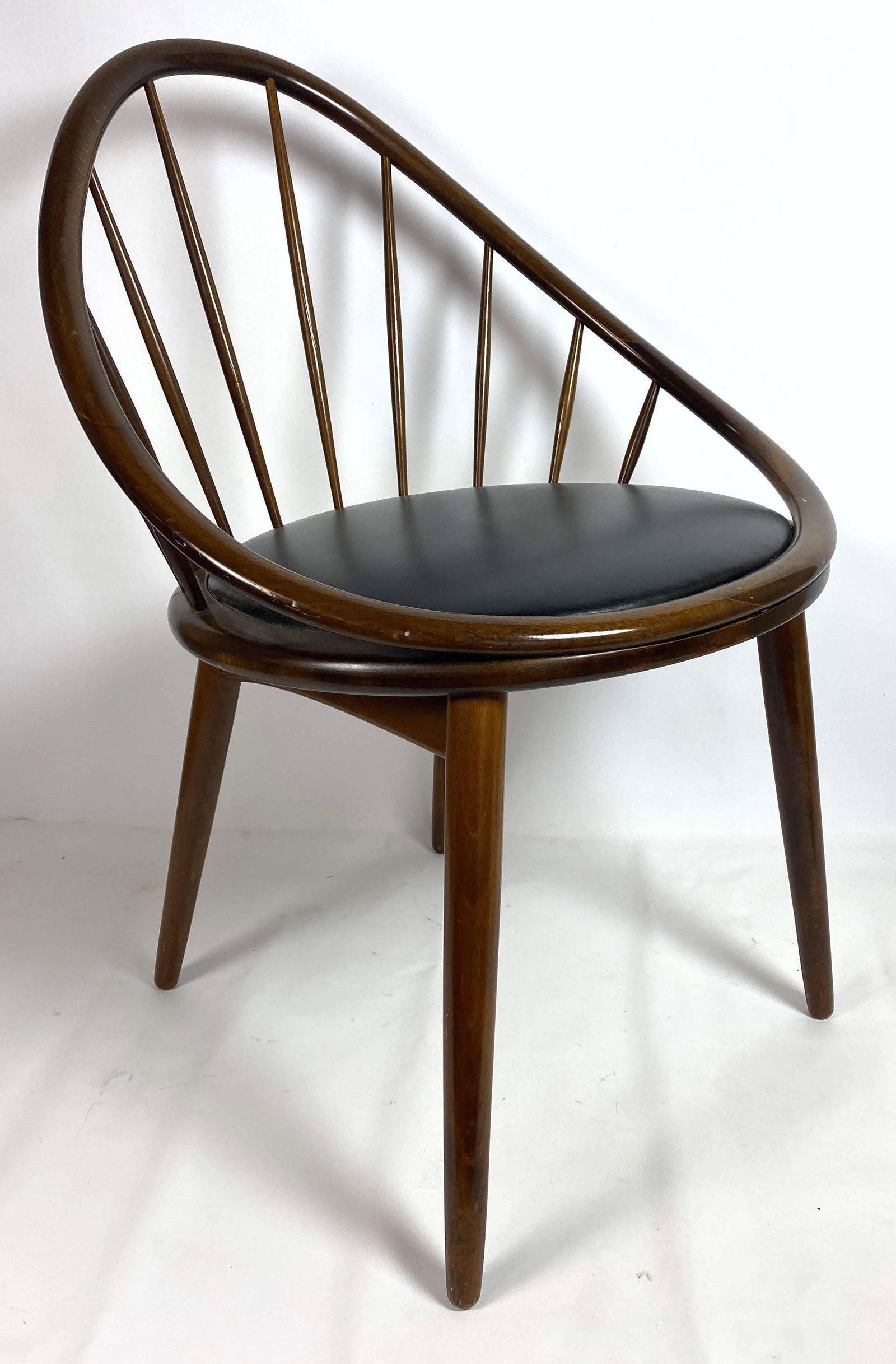 Danish Modern Ovoid Lounge Side Chair. SELIG Style. Sp: Danish Modern Ovoid Lounge Side Chair. SELIG Style. Spindle Back. Black vinyl seat. Unmarked. -- Dimensions: ---