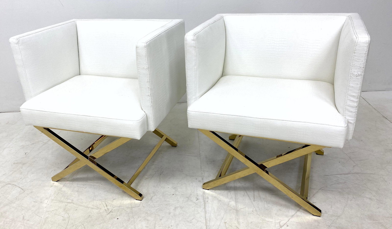 Pair Contemporary Vinyl and Brass Cube Chairs with X Ba (1 of 11)