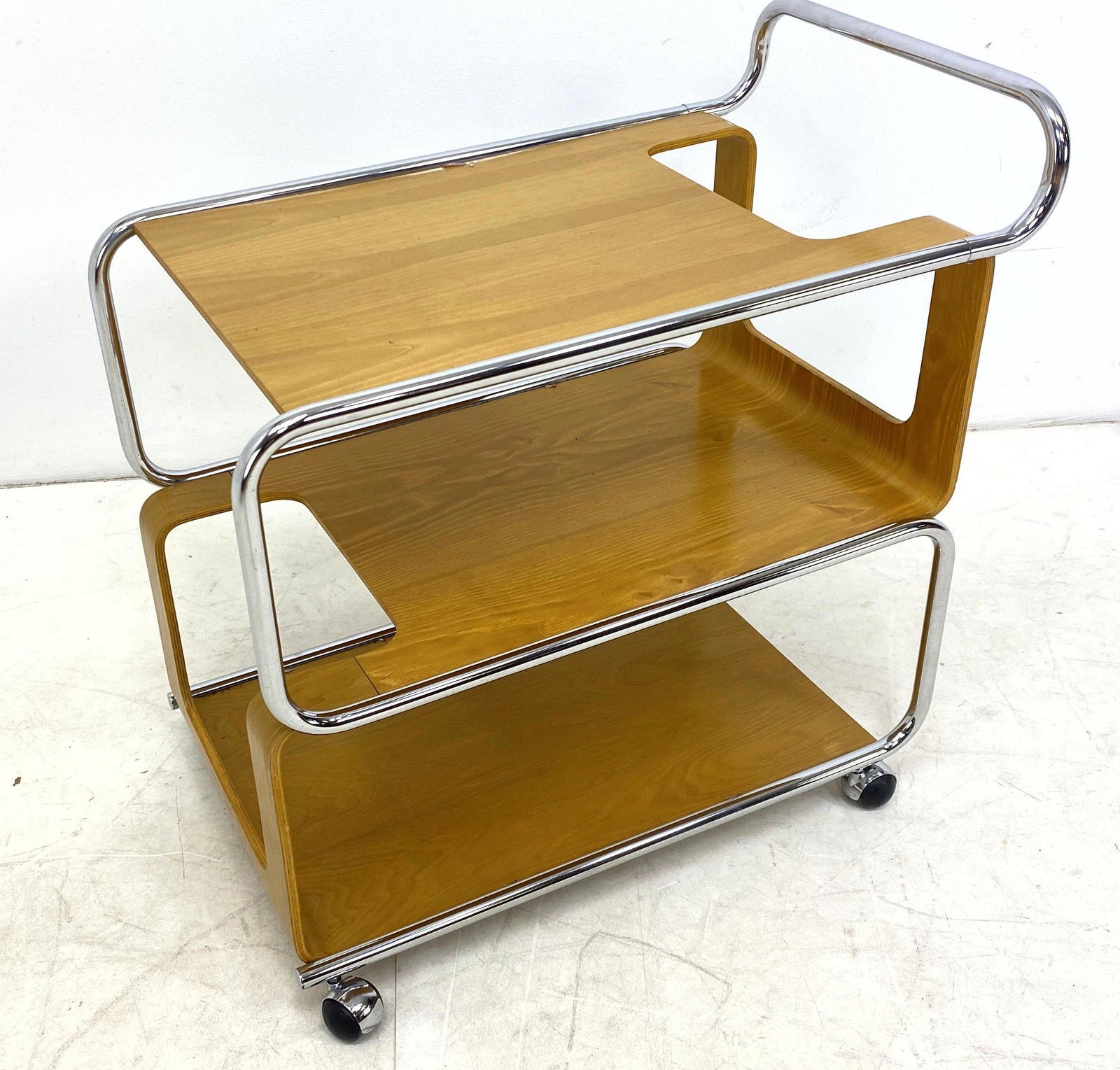 Modernist Chrome and Molded Wood Bar Cart Server on Whe: Modernist Chrome and Molded Wood Bar Cart Server on Wheels. A cross between Alvar Aalto and Marcel Breuer.-- Dimensions: H: 29 inches: W: 30 inches: D: 18 inches ---