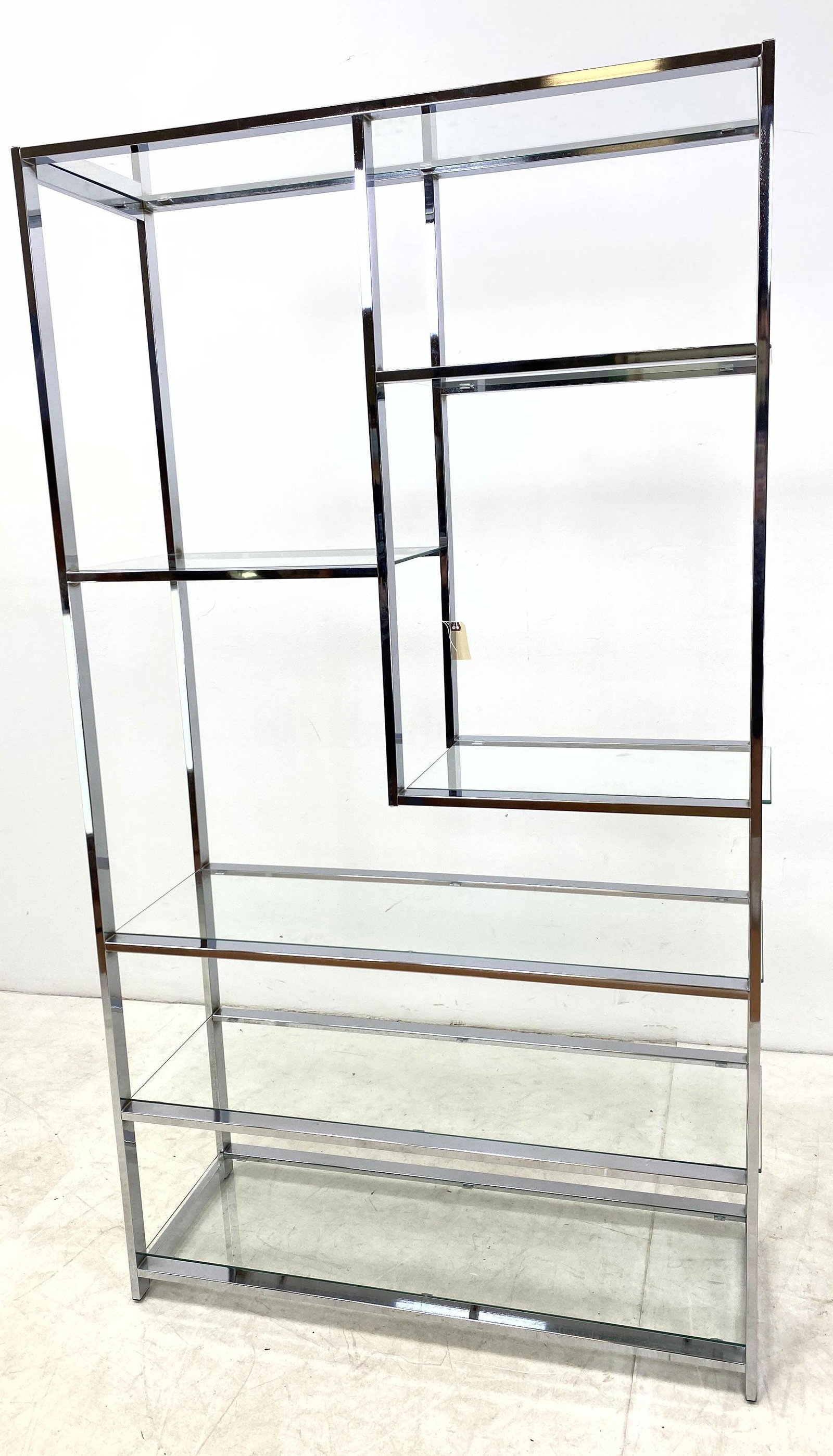 MILO BAUGHMAN Chrome and Glass Etagere Shelf. Clean Co: MILO BAUGHMAN Chrome and Glass Etagere Shelf. Clean Condition.-- Dimensions: H: 76 inches: W: 42 inches: D: 16 inches ---