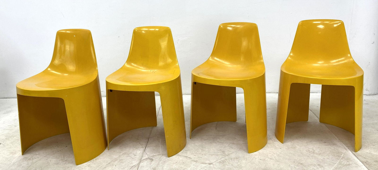 Set 4 Yellow Stacking Chairs. Plastic One Piece Molded (1 of 8)