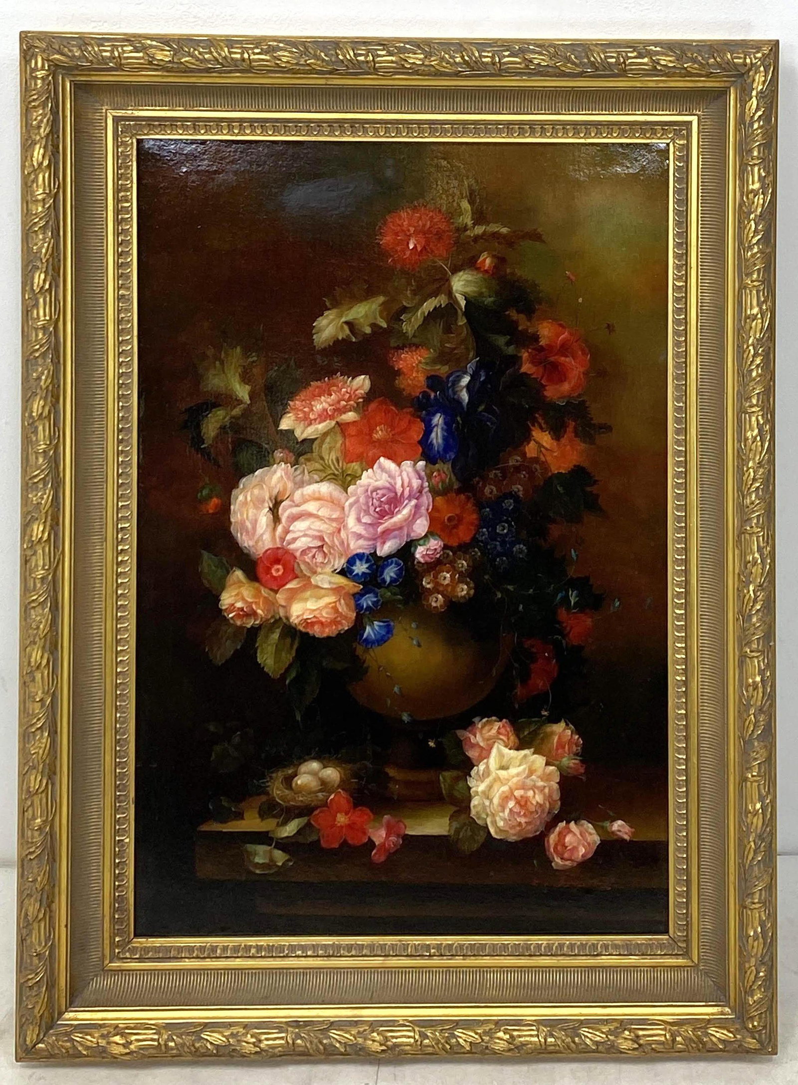 Artist Signed Oil Painting on Canvas of Still Life. Flo: Artist Signed Oil Painting on Canvas of Still Life. Floral Roses. -- Dimensions: H: 36 inches: W: 23.5 inches ---