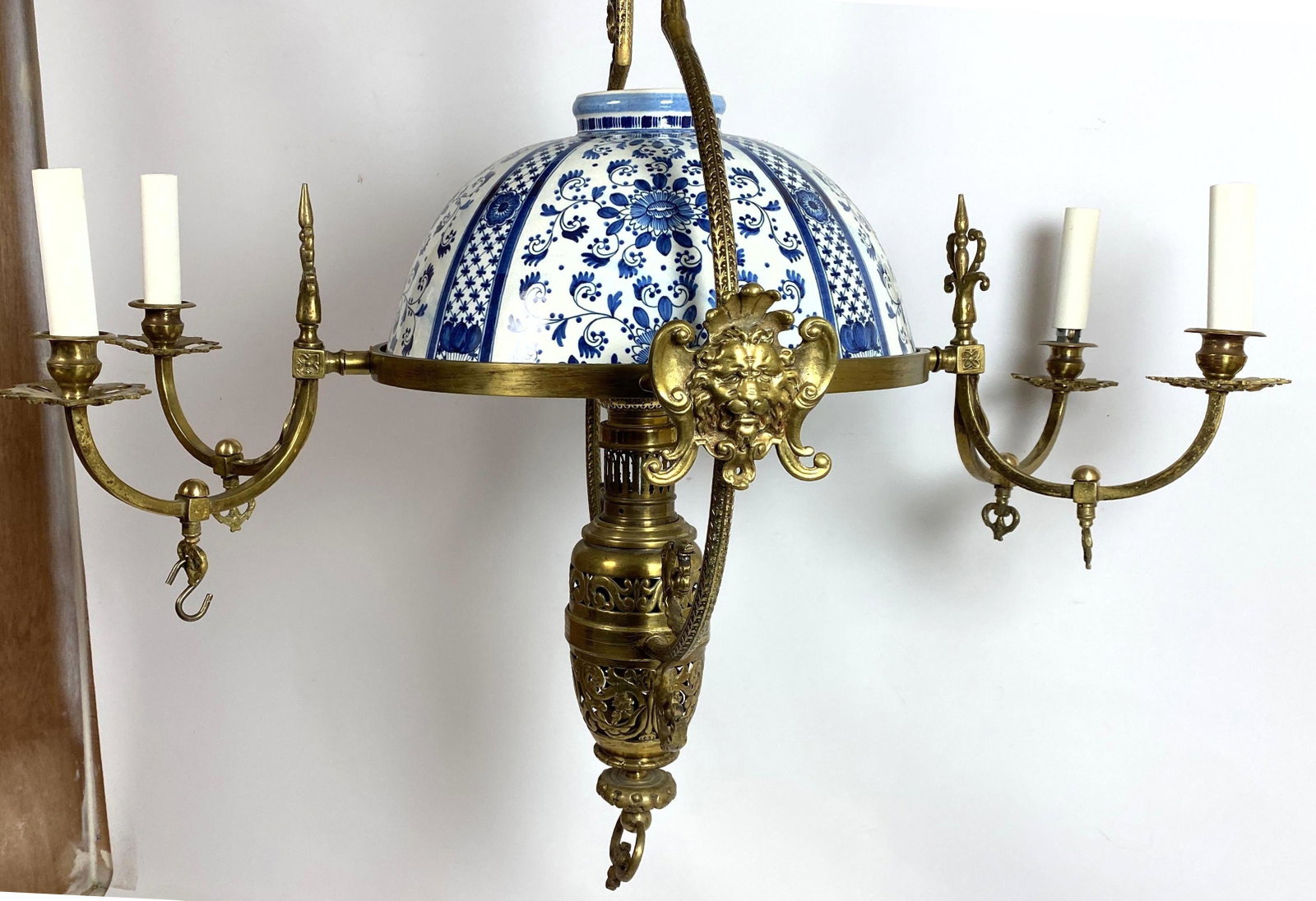 Delft Blue and White Porcelain Chandelier with Oil Type: Delft Blue and White Porcelain Chandelier with Oil Type Center Font. -- Dimensions: H: 30 inches: W: 30 inches: D: 30 inches ---