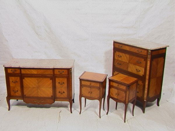 French Satinwood Marble top 4 pc Bedroom Set Bronz: French Satinwood Marble top 4 pc Bedroom Set Bronze mounted ormolus. Oak. Tall chest 48H x 39W x 21D. Low chest 35H x 50W x 21D. Nightstands 28H x 17W x 13D. Dimensions: Condition (General) Please con