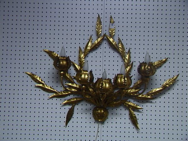 Gilt Iron Wall Sconce Lamp with Five lights. Di: Gilt Iron Wall Sconce Lamp with Five lights. Dimensions: H: 26 inches: W: 36 inches Condition (General) Please contact us for a detailed condition report: Very Good Condition. US Shipping charge: $28