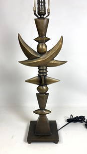 TOM CORBIN Bronze Table Lamp sculpture. Signed. Abstrac: TOM CORBIN Bronze Table Lamp sculpture. Signed. Abstract geometric shapes in a Giacometti style. -- Dimensions: H: 34 inches: W: 8 inches: D: 6 inches ---