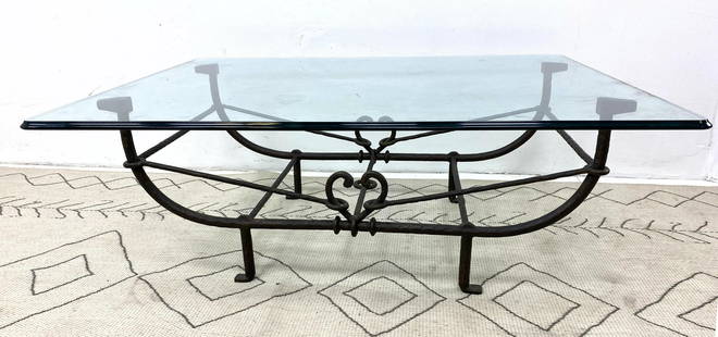 Large Diego Giacometti Style Coffee Cocktail Table. Iro: Large Diego Giacometti Style Coffee Cocktail Table. Iron with thick glass. -- Dimensions: H: 19 inches: W: 50 inches: D: 40 inches ---