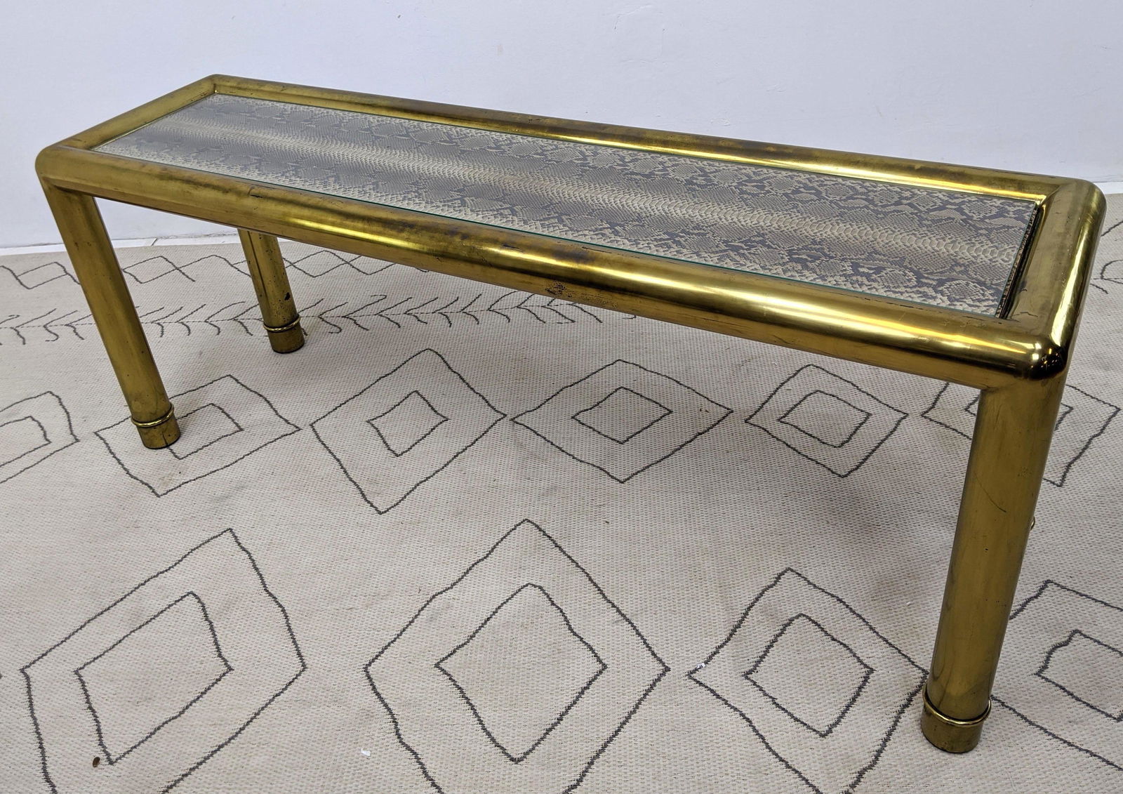 Mastercraft Brass Console Table with Snakeskin Center. (1 of 11)