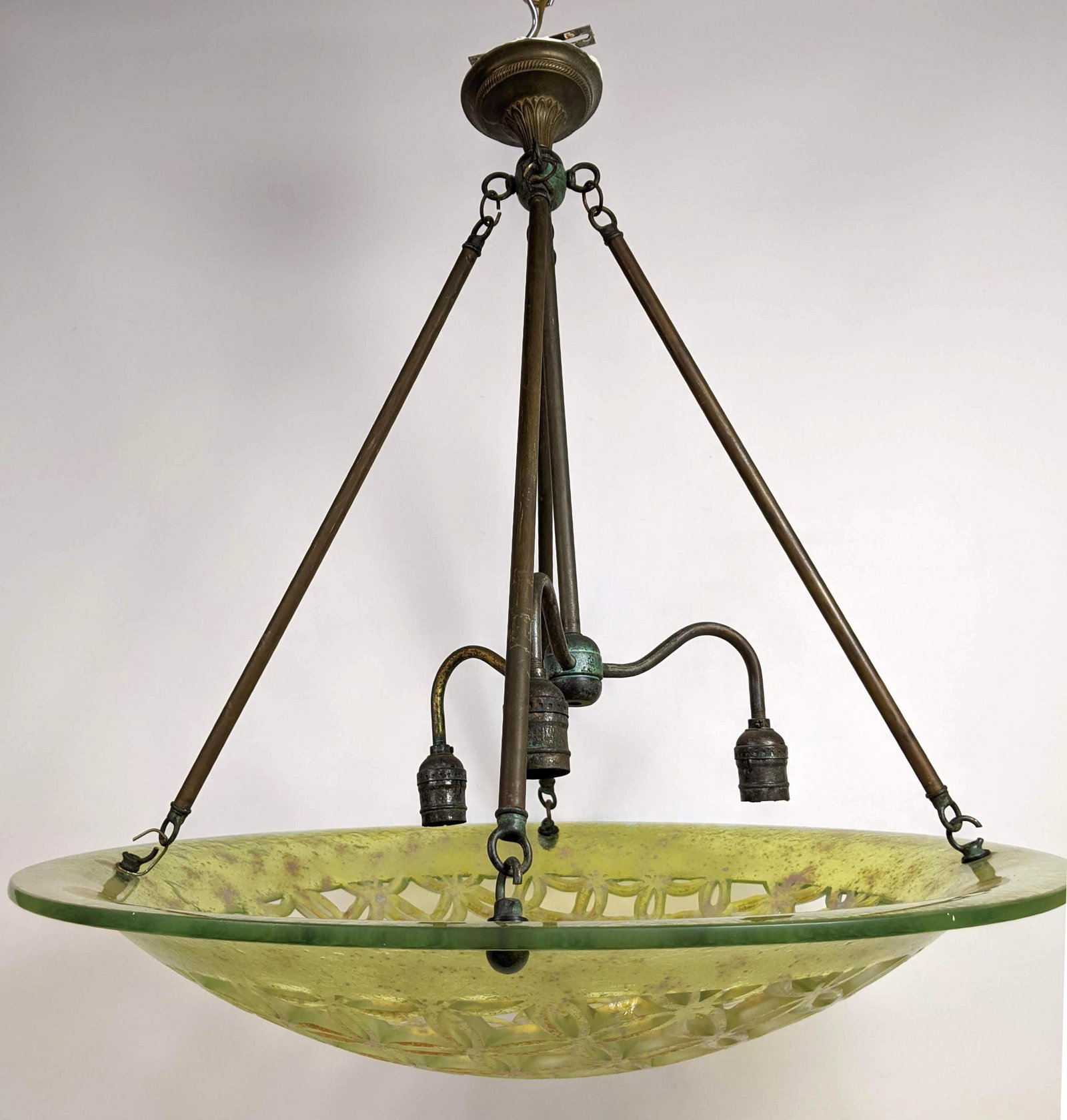 Art Glass Pierced Glass Chandelier Pendant Light. Meta: Art Glass Pierced Glass Chandelier Pendant Light. Metal Armature. -- Dimensions: H: 24 inches: W: 26.5 inches: D: 26.5 inches ---