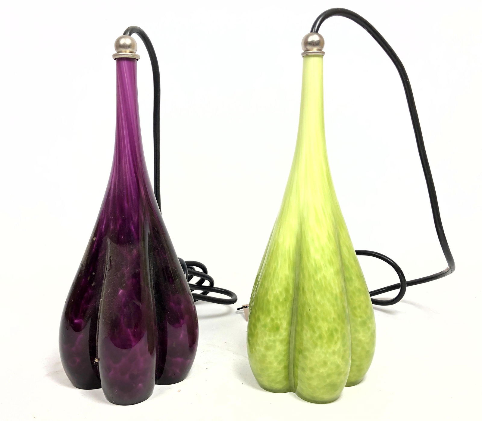 2pc Artist Signed Pendant Lights. Green & Purple Art Gl (1 of 9)