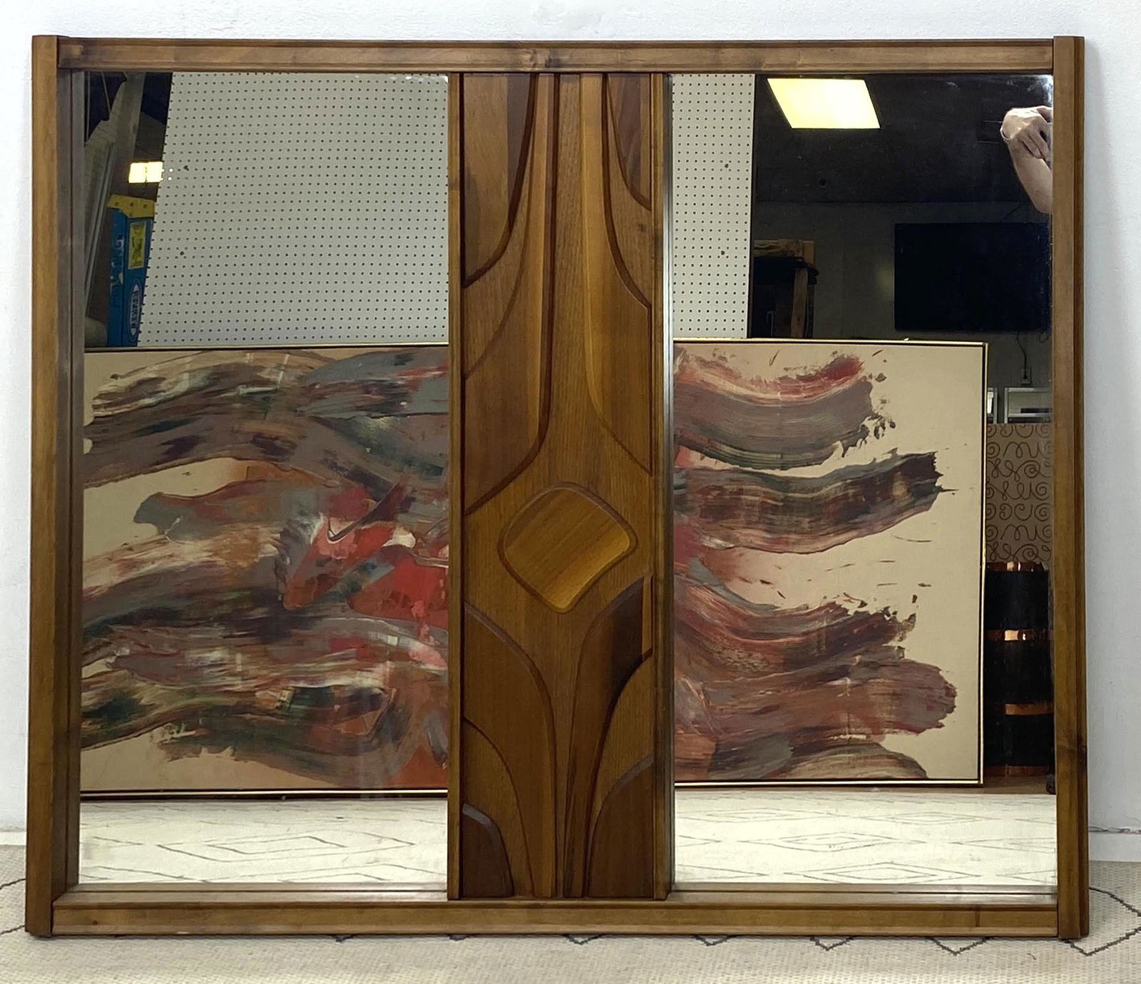 Large Modernist Walnut Wall Mirror. Carved center panel (1 of 5)