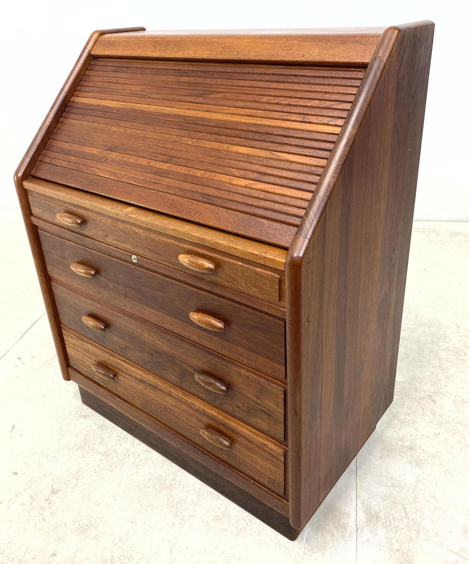 Unique Danish Modern Teak Slant Lid Desk with Tambour F: Unique Danish Modern Teak Slant Lid Desk with Tambour Front. Flip top writing surface. Heavy Construction.-- Dimensions: H: 40 inches: W: 32.5 inches: D: 19 inches ---