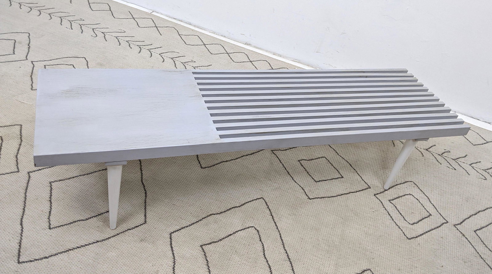 White Washed Wood Slat Bench on Peg Legs. Gray Tint.: White Washed Wood Slat Bench on Peg Legs. Gray Tint. -- Dimensions: H: 14.75 inches: W: 60 inches: D: 17 inches ---