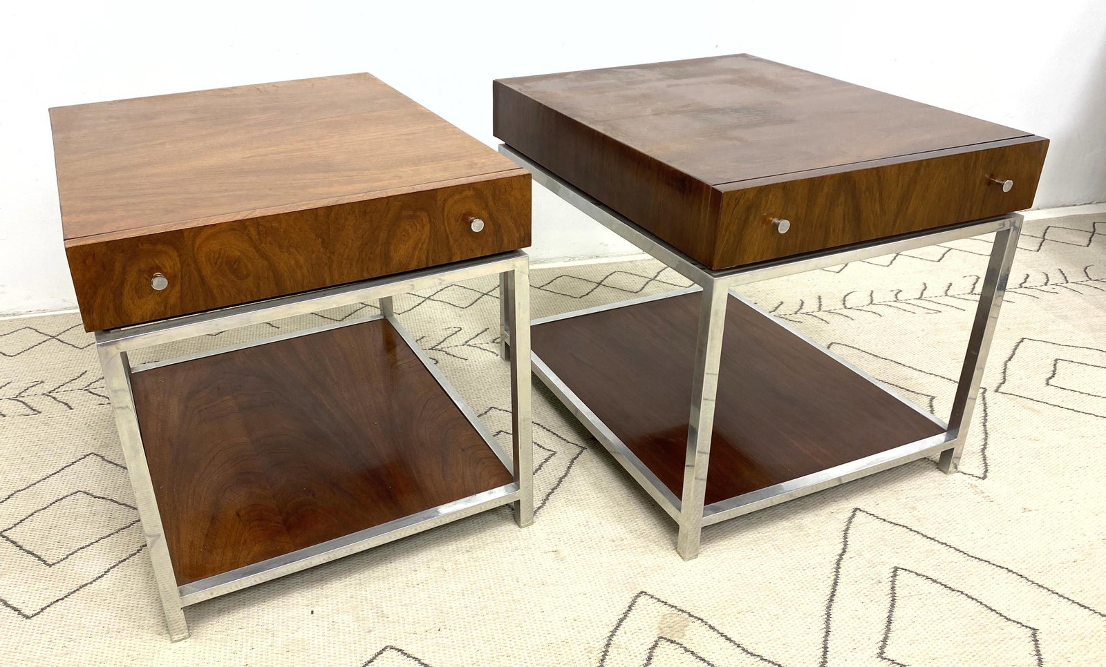 American of Martinsville Side End Tables. Chrome and W: American of Martinsville Side End Tables. Chrome and Walnut. American Modern -- Dimensions: H: 25 inches: W: 24 inches: D: 30 inches ---
