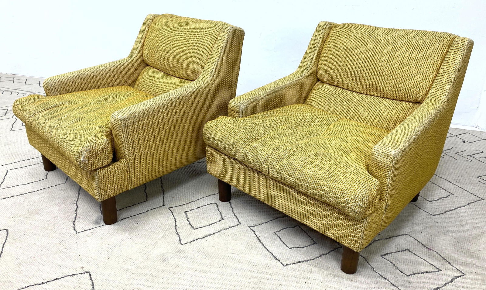 Pair SELIG Oversized Lounge Chairs Round Wood Legs.: Pair SELIG Oversized Lounge Chairs Round Wood Legs. -- Dimensions: H: 29 inches: W: 30 inches: D: 33 inches ---