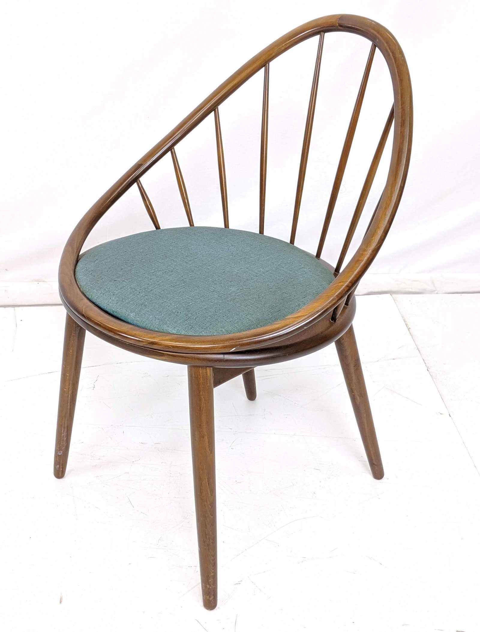Danish Modern Teak Lounge Side Chair. Ovoid Frame Spind: Danish Modern Teak Lounge Side Chair. Ovoid Frame Spindle Back. Teal vinyl seat. Marked Denmark. Selig Style. -- Dimensions: H: 31 inches: W: 21 inches: D: 20 inches ---