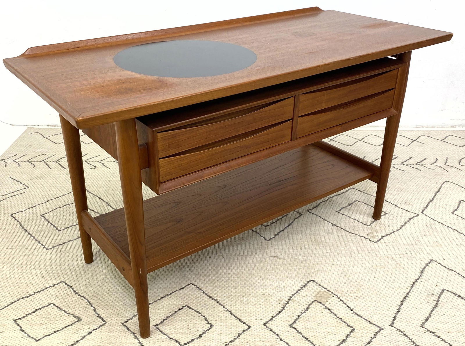 Arne Vodder for Sibast Mobler Server Cabinet. Denmark,: Arne Vodder for Sibast Mobler Server Cabinet. Denmark, 1960s, teak, black inset laminate-- Dimensions: H: 28.5 inches: W: 51 inches: D: 22 inches ---