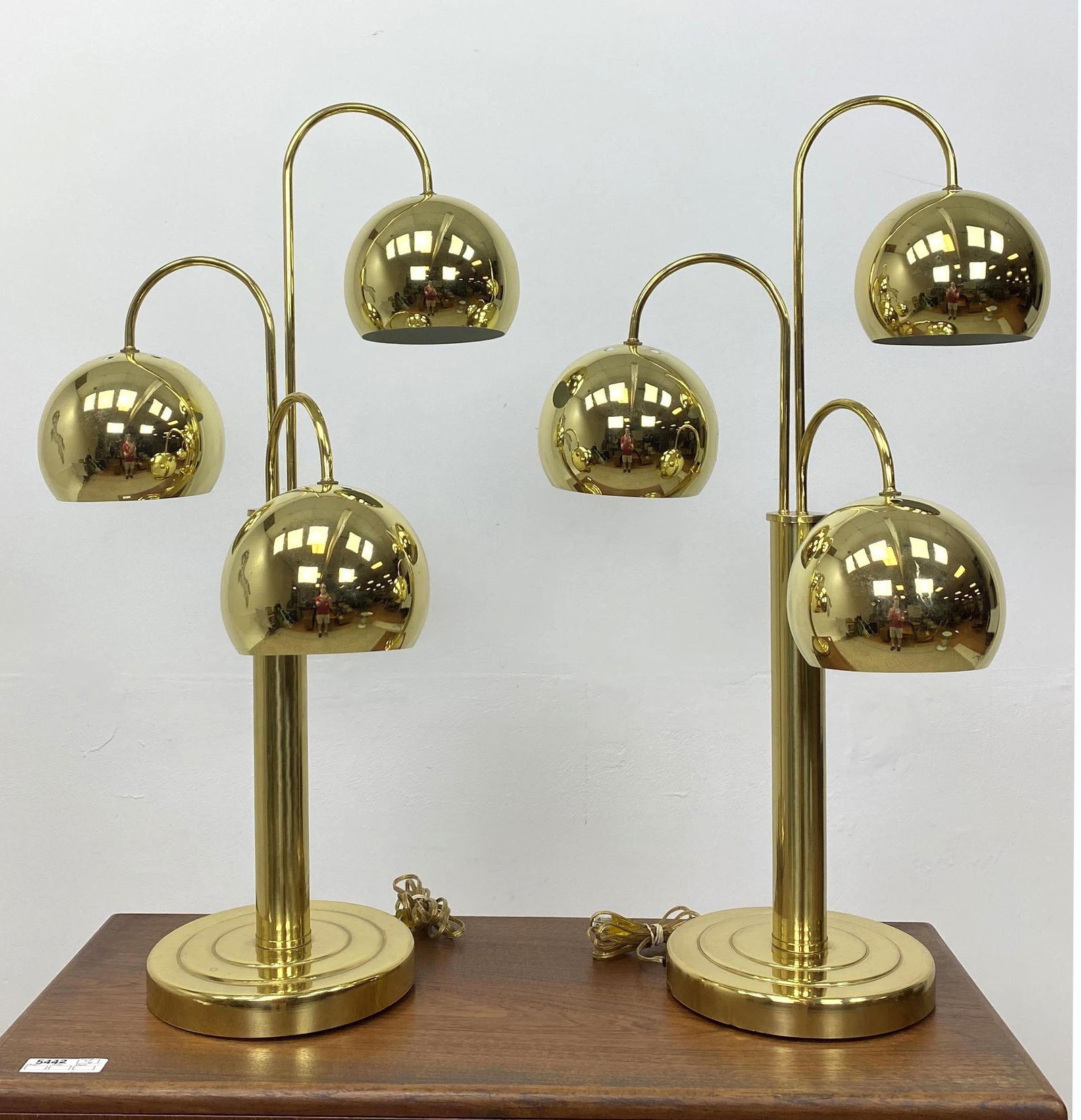 Pair Modernist Brass Three Arm Ball Lamps. (1 of 9)