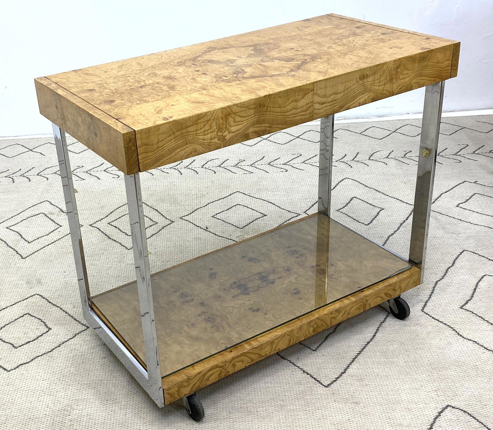 LANE Milo Baughman Style Bar Cart Server. Burl and Chro (1 of 8)