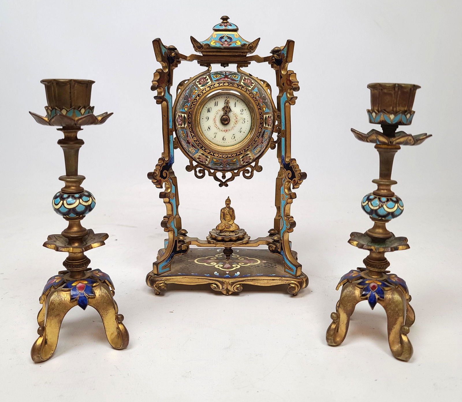 Diminutive Champleve Clock Set.  Brass and enamel Decor (1 of 9)