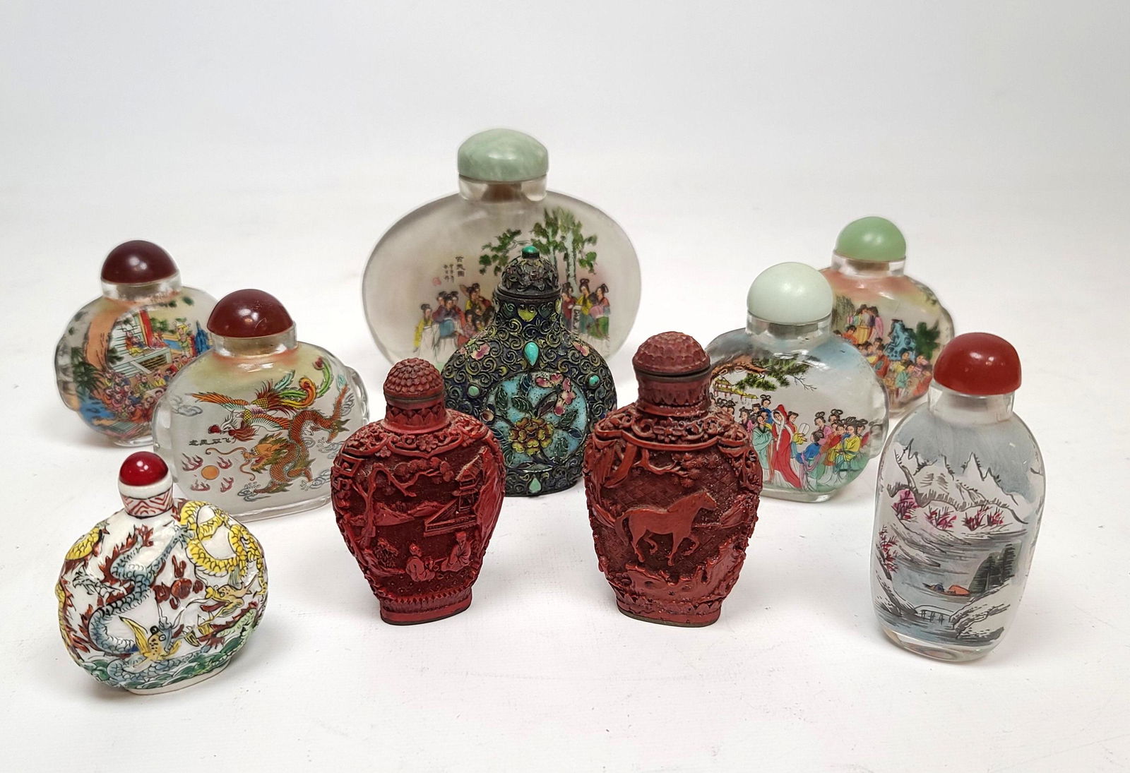 10pcs Snuff Bottles.  Reverse painted glass, Cinnabar, (1 of 13)