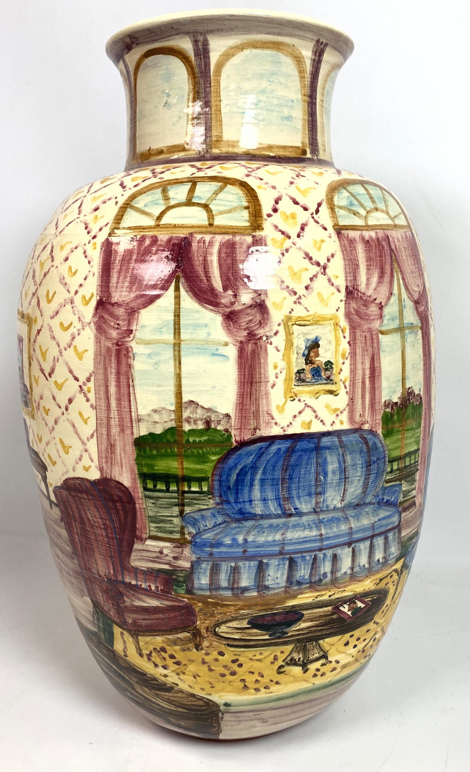 Large Artist Signed 86 Painted Pottery Vase. (1 of 7)