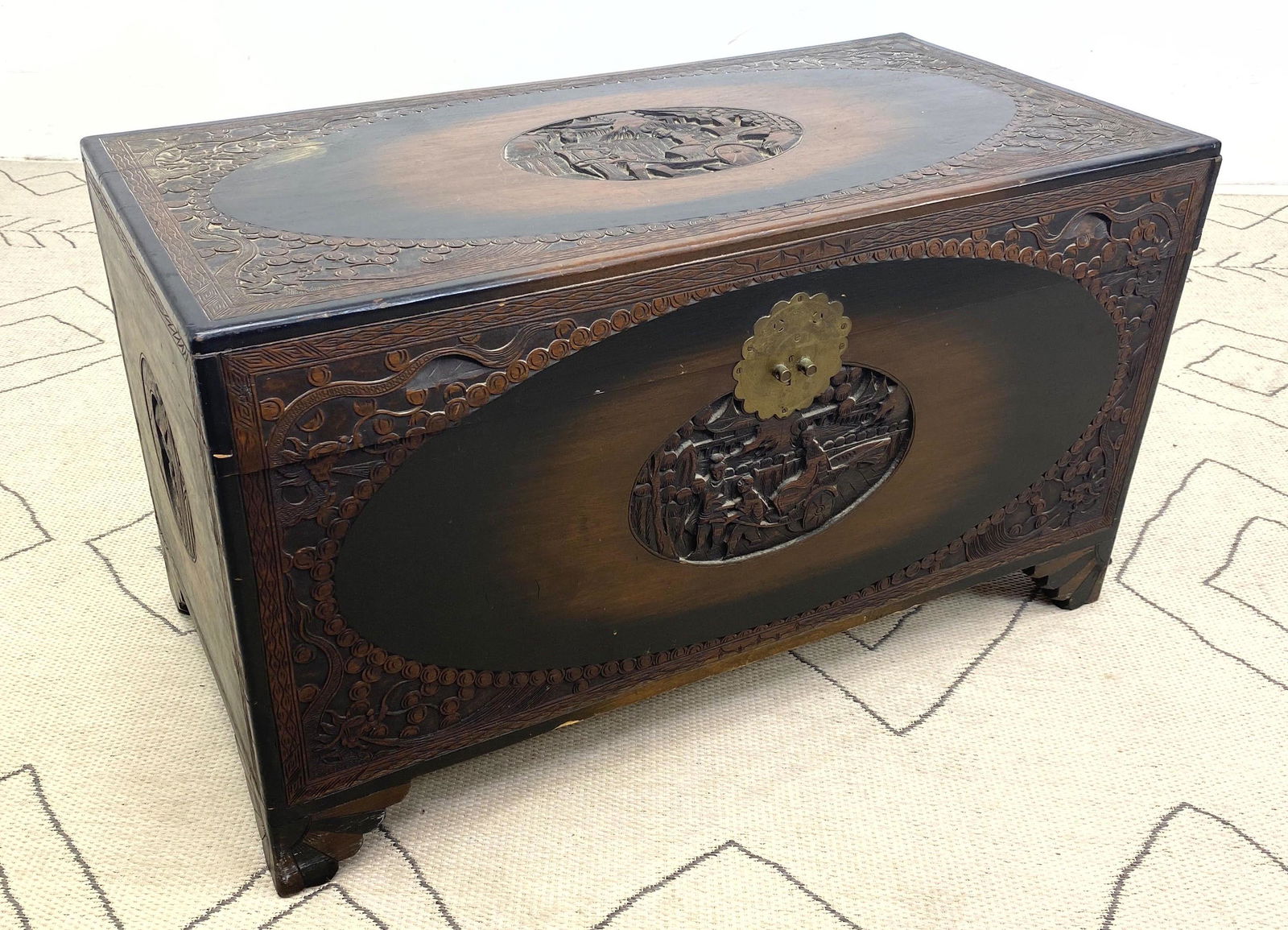 Carved Wood Trunk Chest. Top with image of bridge and r (1 of 8)