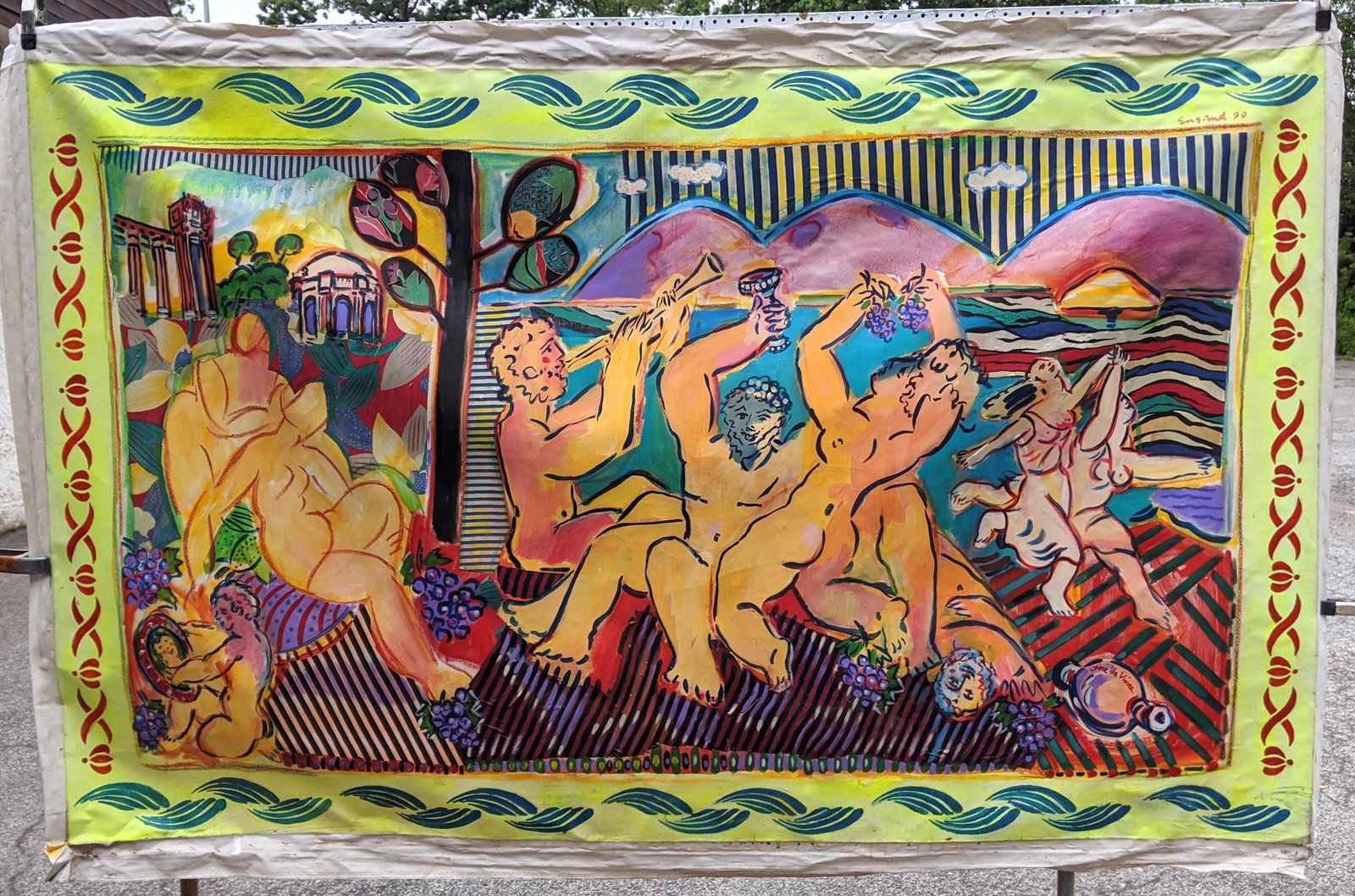 Signed Wayne ENSRUD 90 Modernist Greek Scene Oil Painti: Signed Wayne ENSRUD 90 Modernist Greek Scene Oil Painting. Grapes, Wine, Bacchantes. Bacchus Festival. Signed. Painted on unstretched canvas -- Dimensions: H: 59 inches: W: 95.5 inches ---