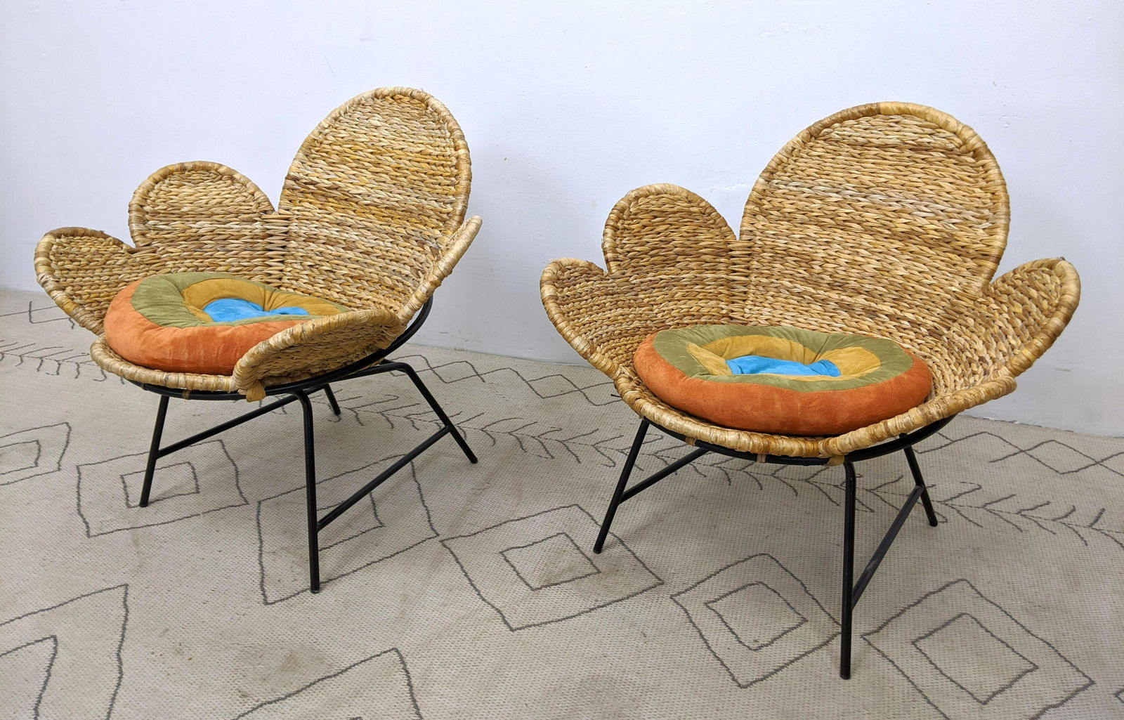 Pair Decorator Woven Rattan Lounge Chairs with Iron Hoo (1 of 11)