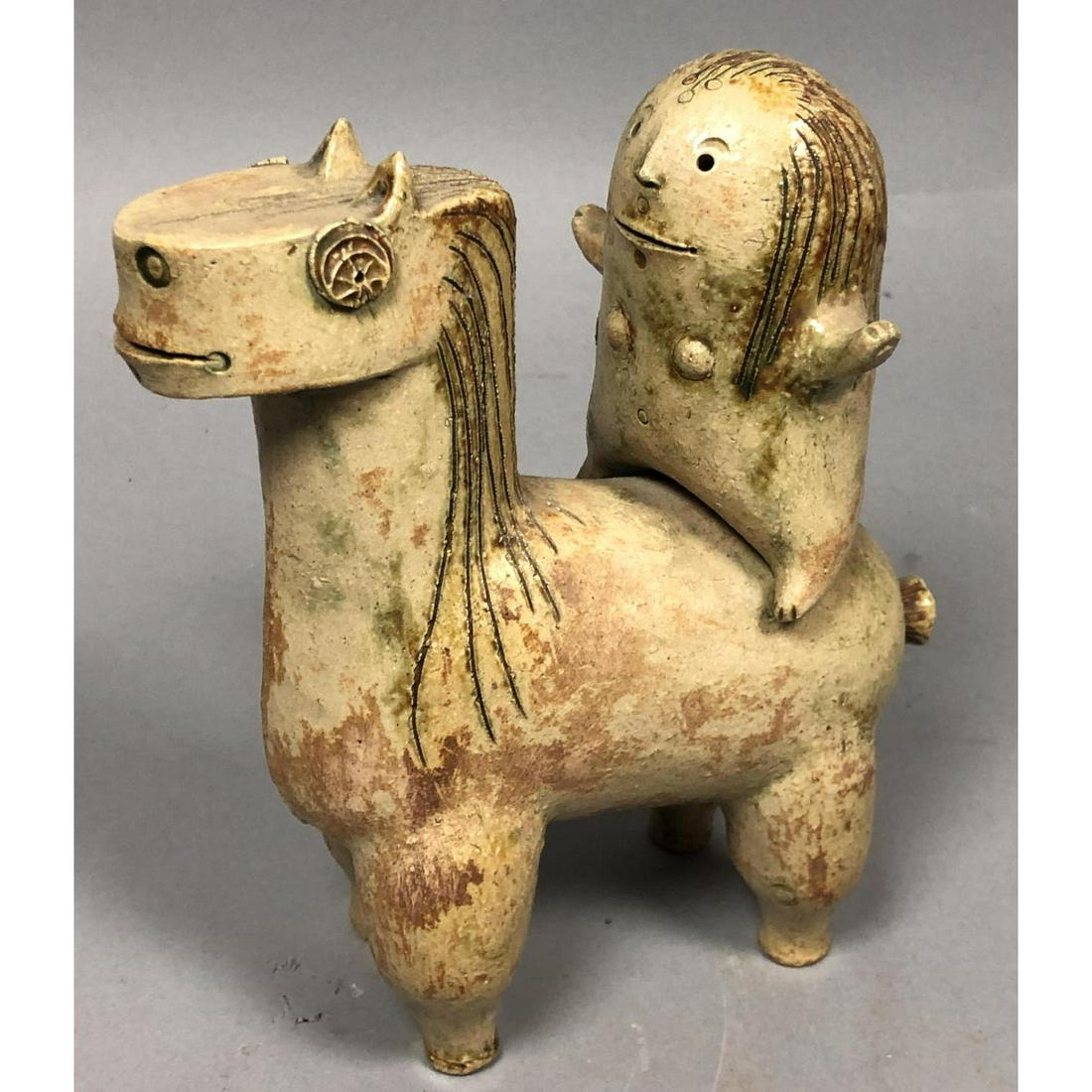 HANS DE JONG Pottery Sculpture. Pottery Horse & Rider P: HANS DE JONG Pottery Sculpture. Pottery Horse & Rider Pottery Sculpture. Holland Modern Glazed figure. Hard to Find Artist. -- Dimensions: H: 8 inches: W: 3.5 inches: D: 7 inches ---