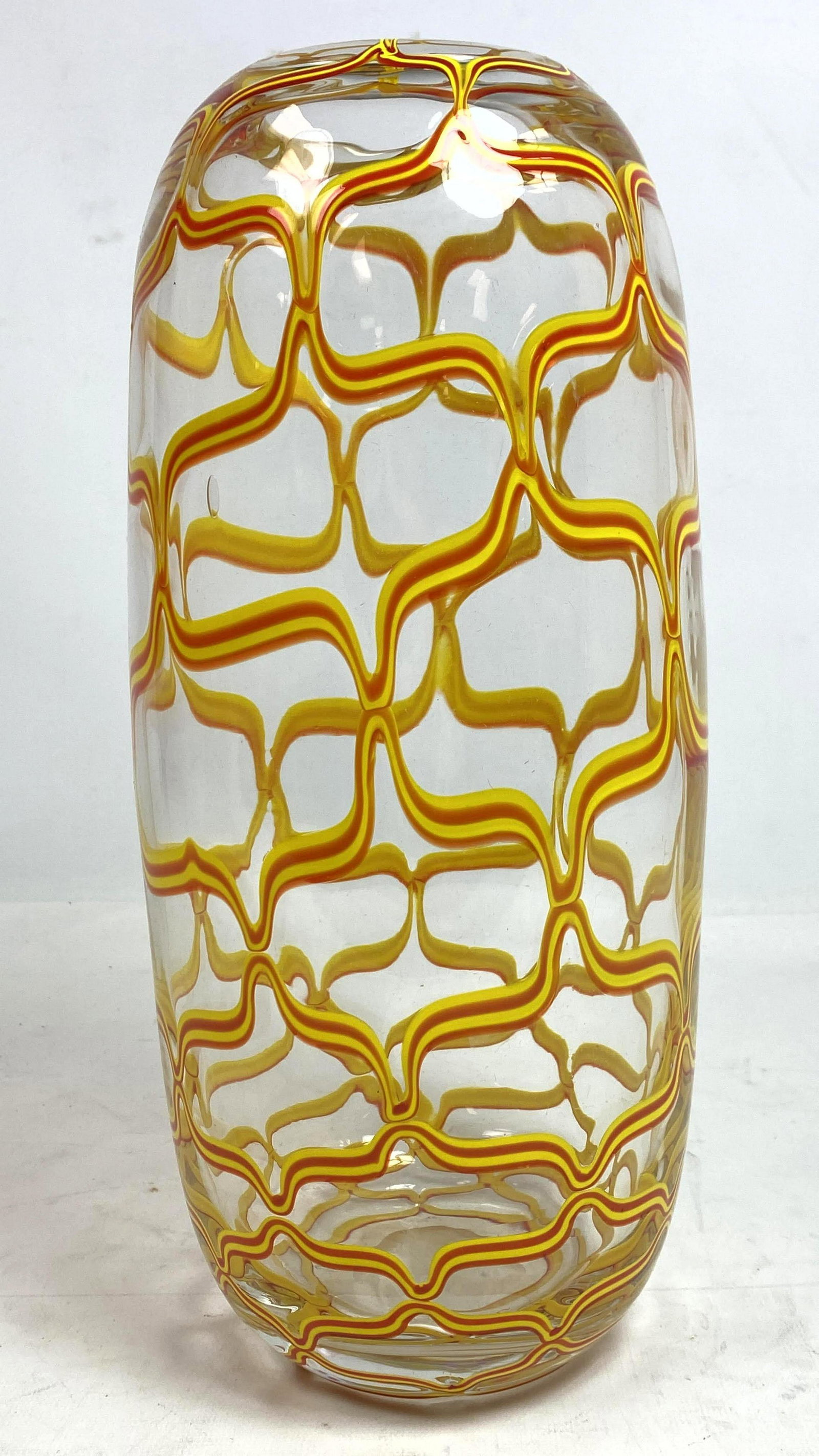 Hand Blown Art Glass Vase. Unmarked. Ground Bottom. Thr: Hand Blown Art Glass Vase. Unmarked. Ground Bottom. Threaded design. Ercole Barovier Style.-- Dimensions: H: 12.5 inches: W: 6 inches: D: 6 inches ---