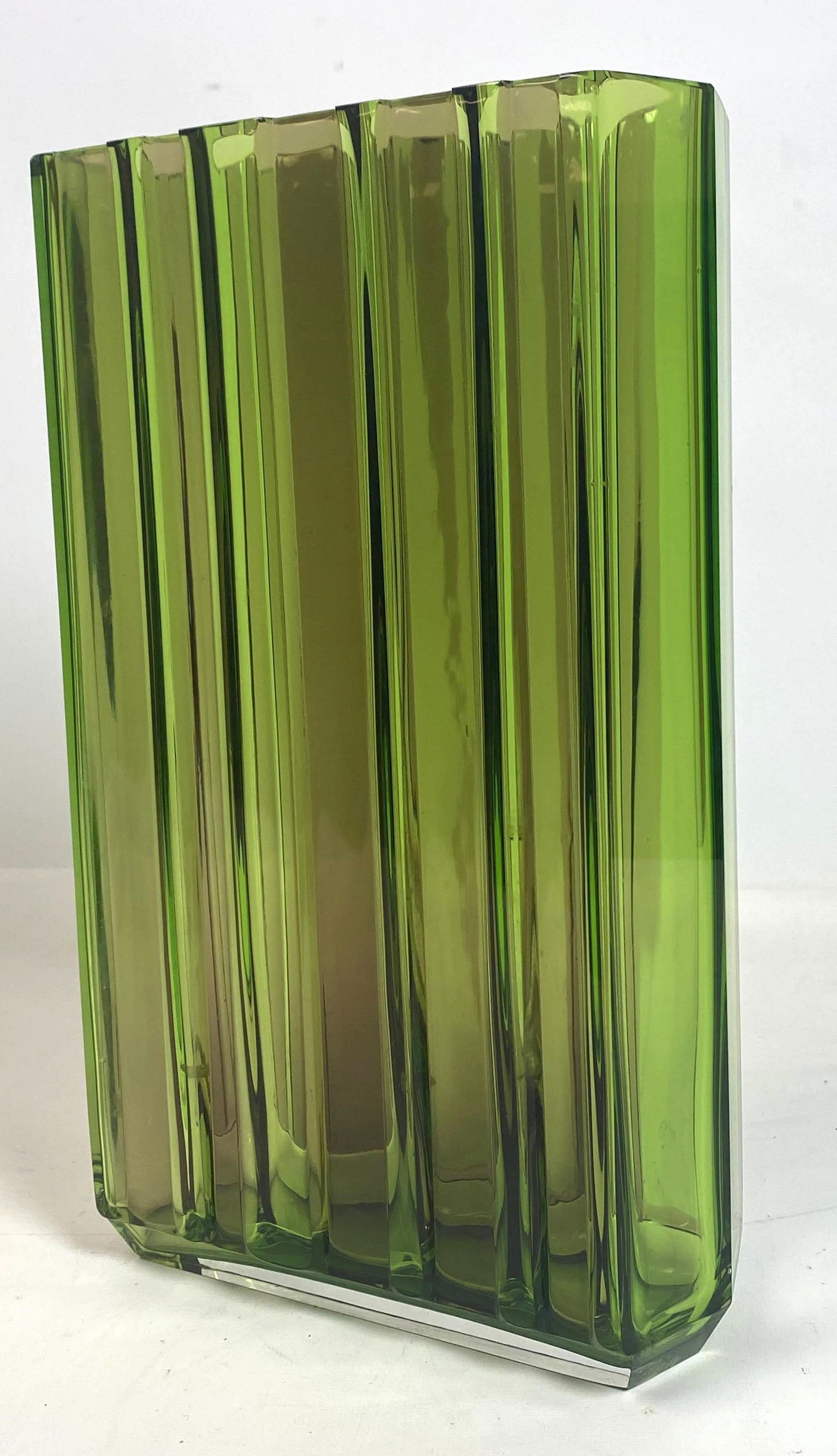 Art Glass Green Ribbed Vase. Ground Bottom. (1 of 6)
