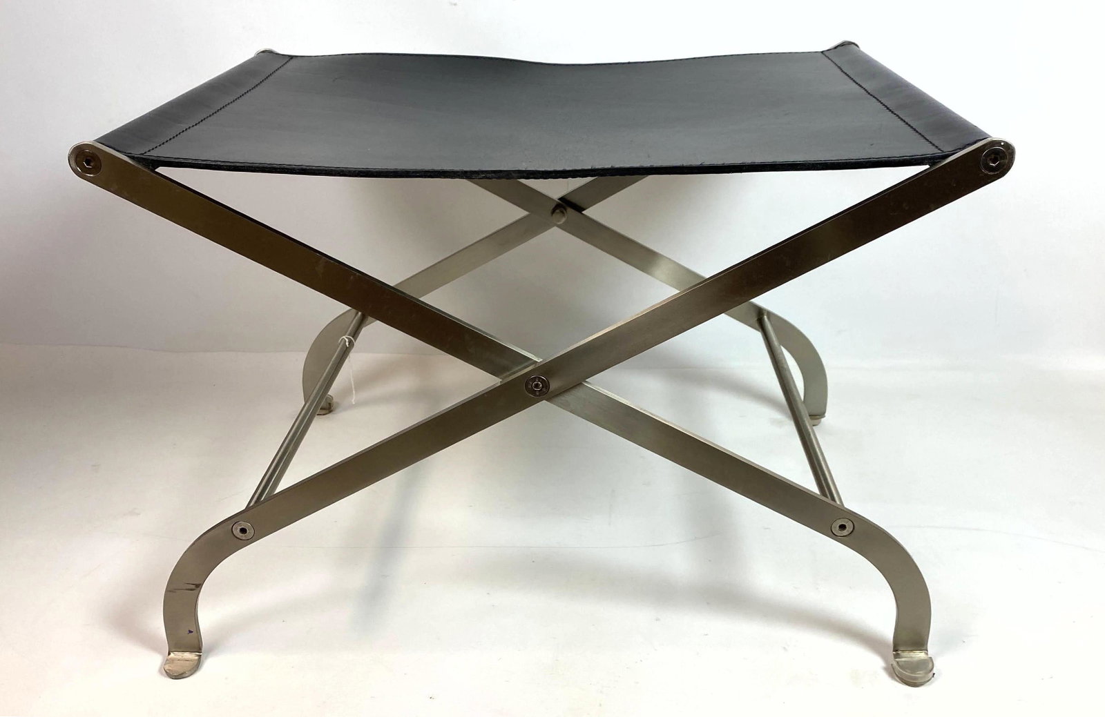 FLEXFORM Italia MEDA Folding Stool with Leather top. Kj: FLEXFORM Italia MEDA Folding Stool with Leather top. Kjaerholm Style -- Dimensions: H: 16 inches: W: 22 inches: D: 15 inches ---