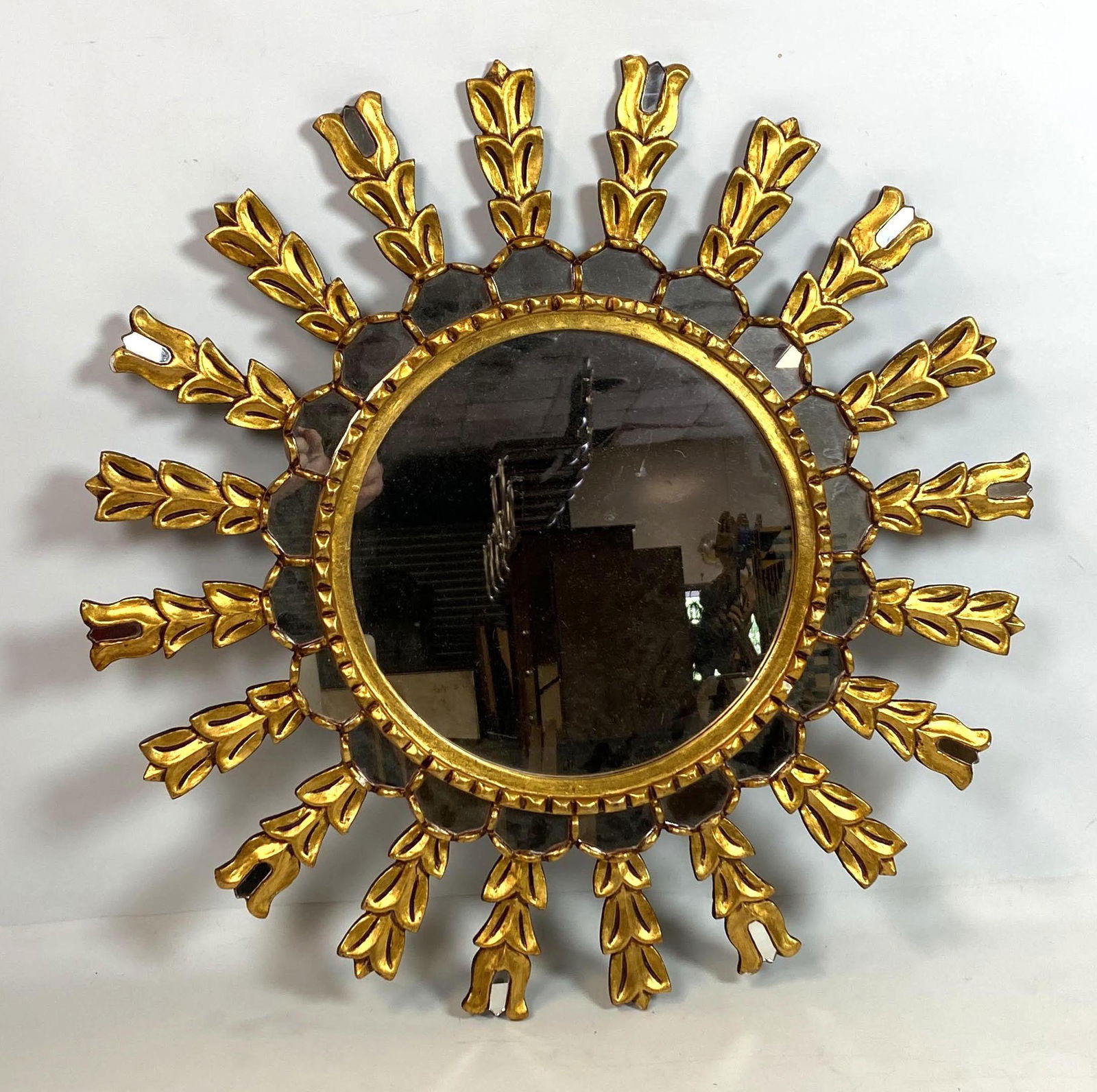 Decorator Gilt Wood Sunburst Wall Mirror. Made in Peru. (1 of 8)