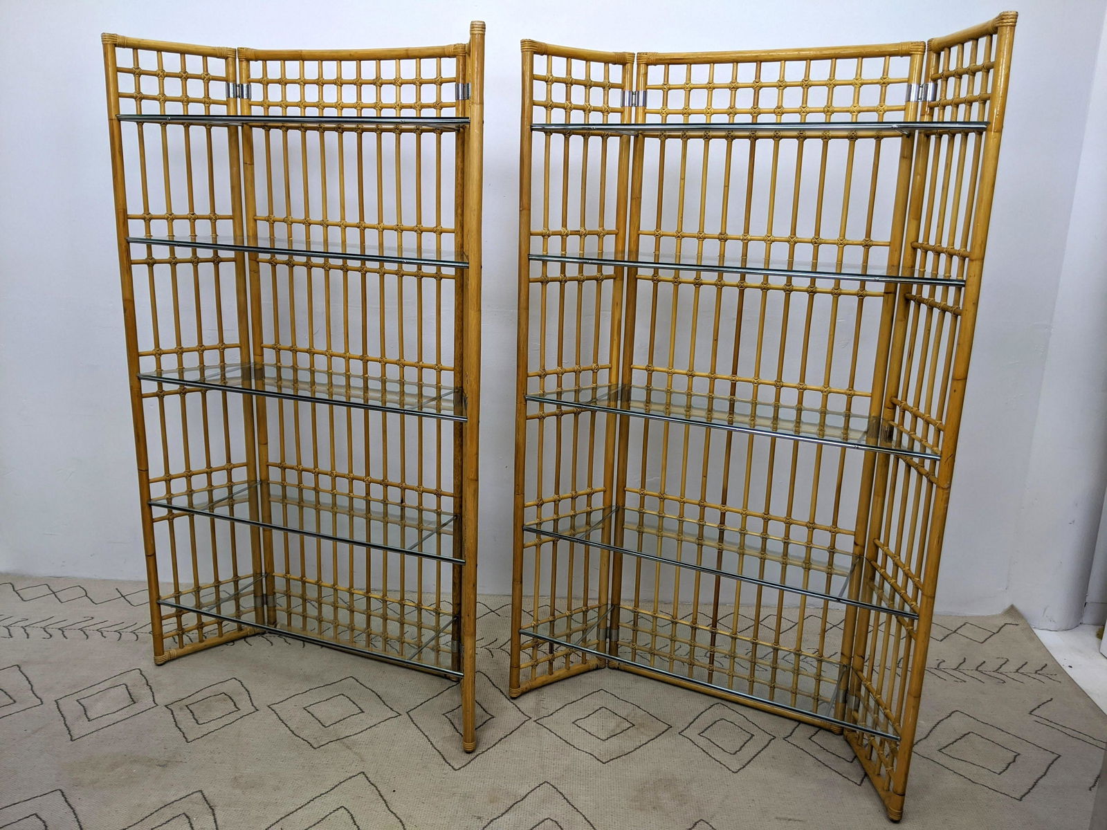 Pair Large Bamboo Rattan Etagere Shelf Units. Glass She (1 of 11)