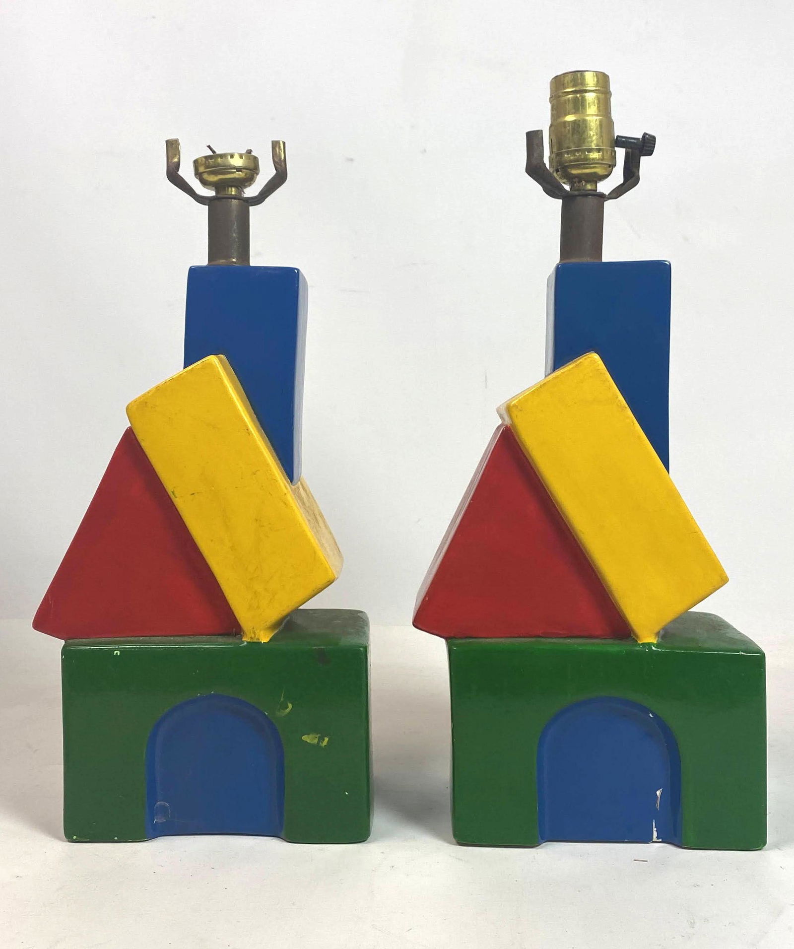 Pair Memphis Style Table Lamps. Painted white pottery. (1 of 8)