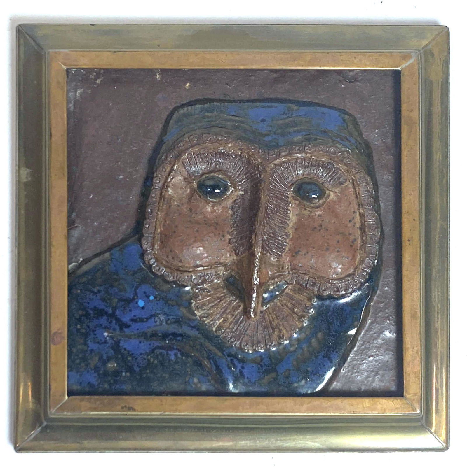 Art Pottery Plaque of and Owl in Brass Frame. Unmarked. (1 of 8)
