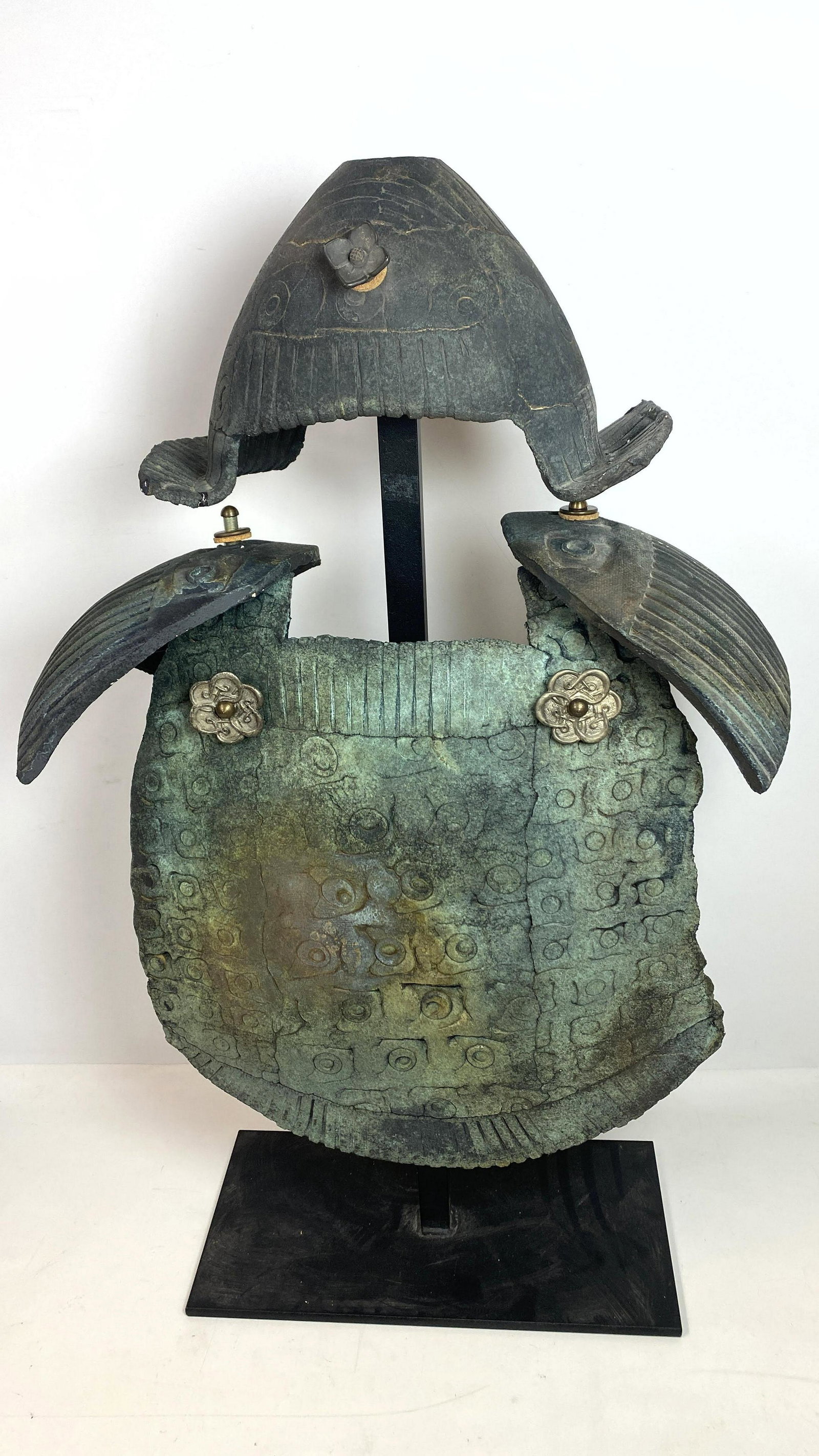 Pottery Sculpture of Samurai Armor on Iron Stand. Artis: Pottery Sculpture of Samurai Armor on Iron Stand. Artist Signed. -- Dimensions: H: 36 inches: W: 20 inches: D: 10 inches ---
