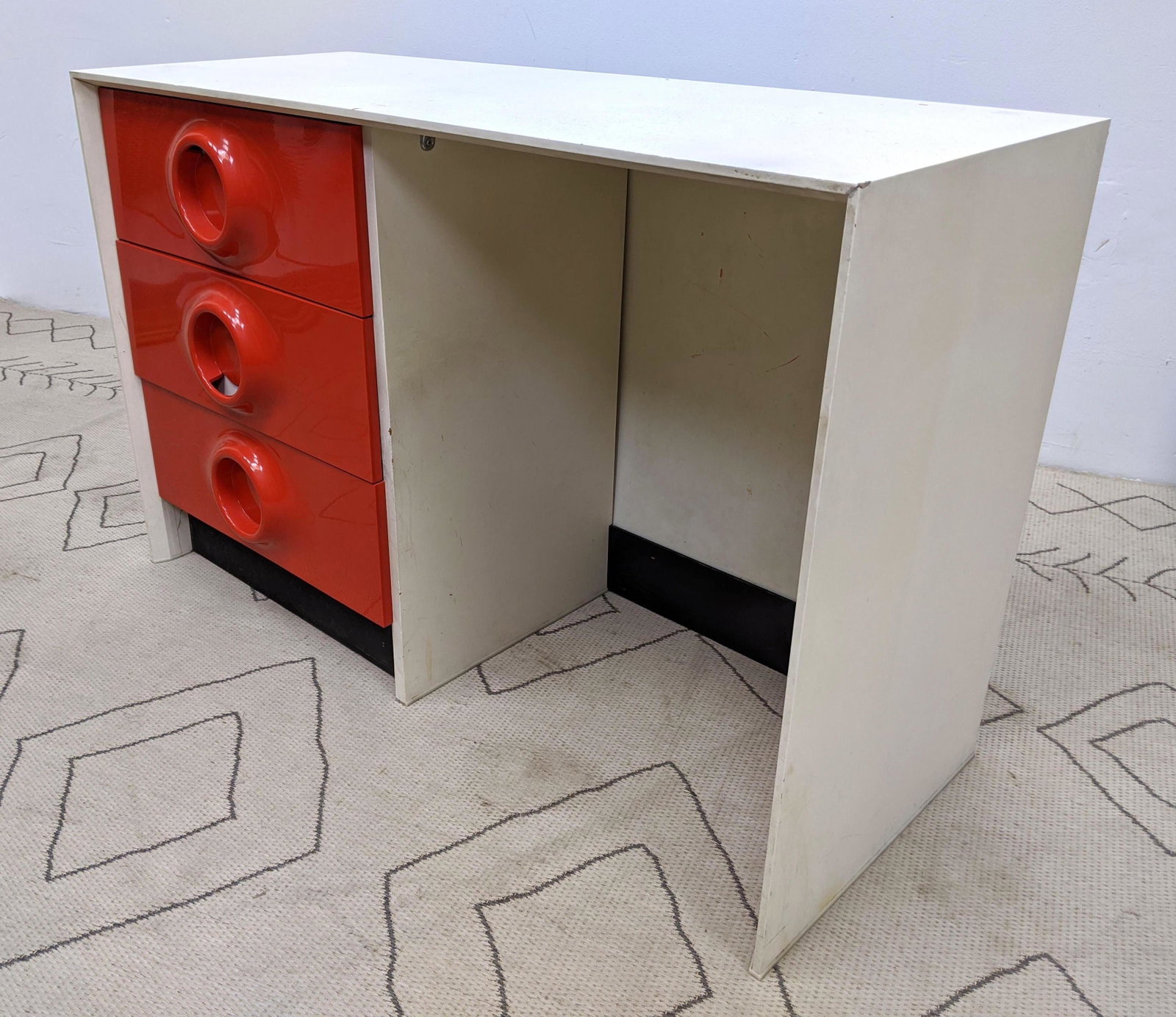 Vintage White Laminate Desk with Molded Plastic Drawer: Vintage White Laminate Desk with Molded Plastic Drawer Fronts. Raymond Loewy Style-- Dimensions: H: 30.5 inches: W: 47 inches: D: 19 inches ---