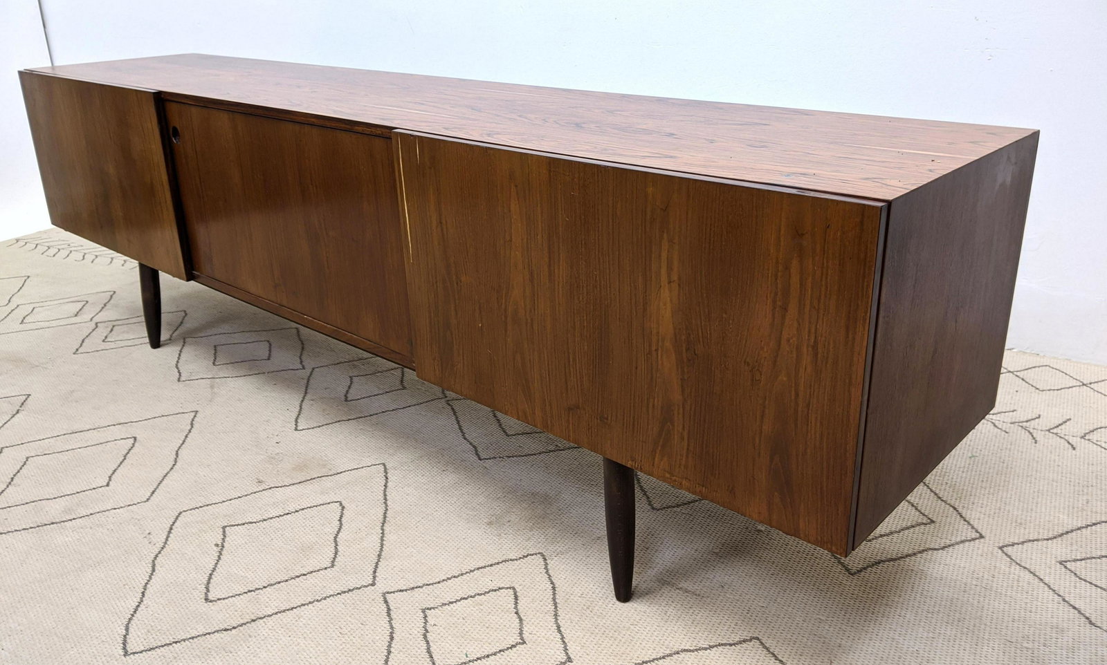 Danish Modern Sliding Door Credenza Sideboard Cabinet.: Danish Modern Sliding Door Credenza Sideboard Cabinet. -- Dimensions: H: 28 inches: W: 98 inches: D: 20 inches ---